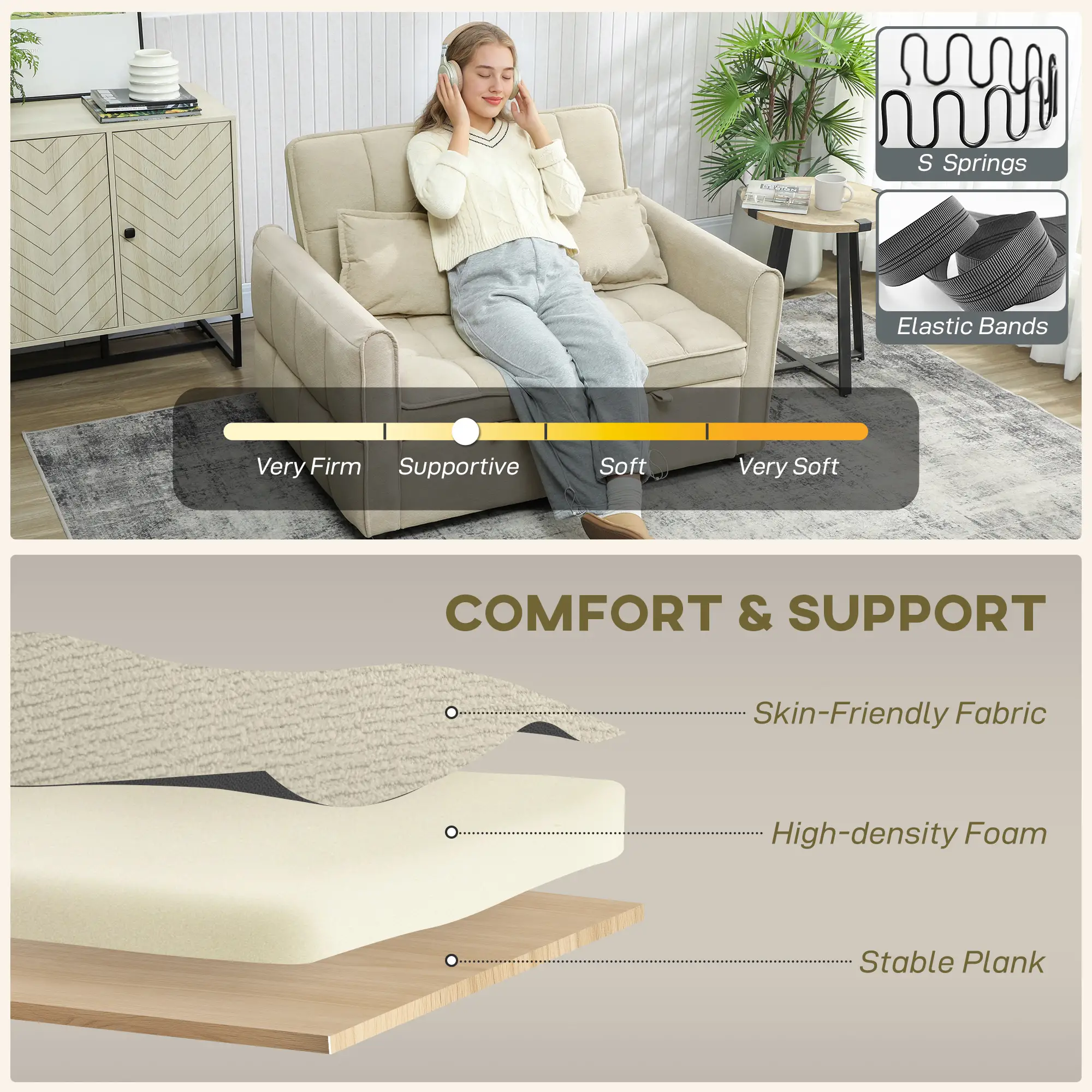 2 Seater Velvet Sofa Bed 124.5 x 86.5 x 88cm - Light Brown - 6