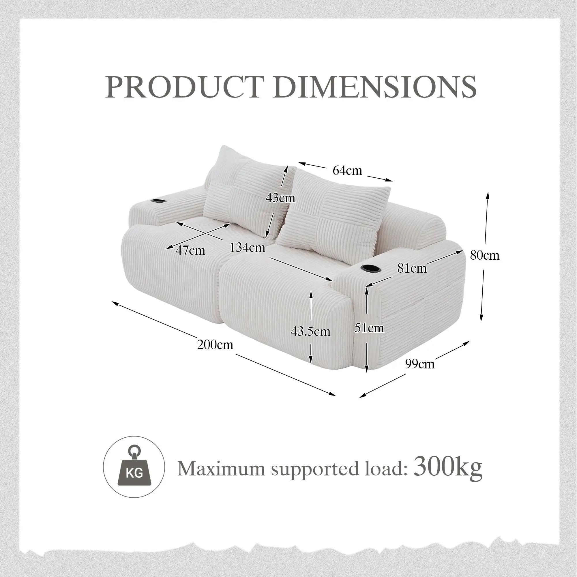 2 Seater Corduroy Sofa 200 x 99 x 80cm - Beige - 3