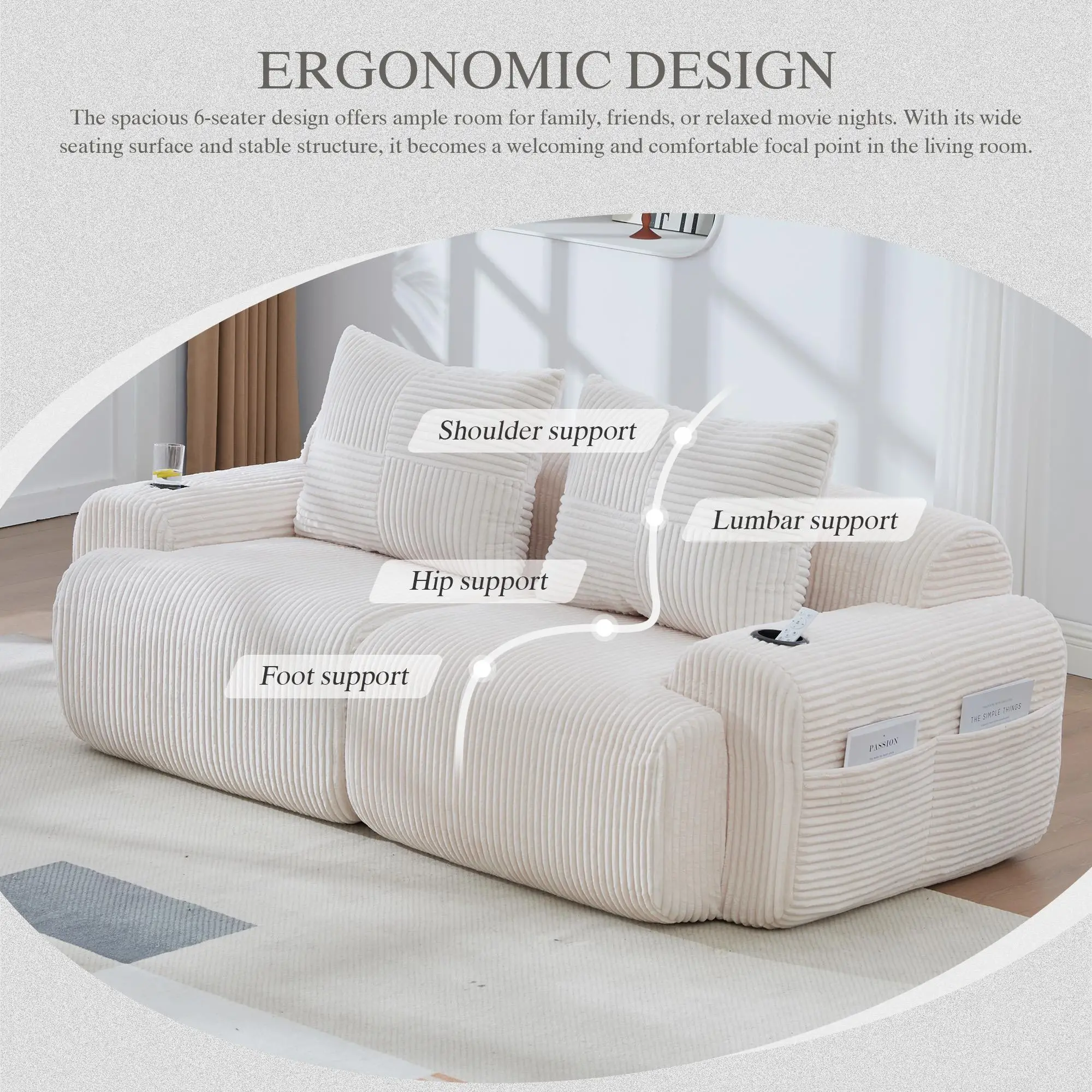 2 Seater Corduroy Sofa 200 x 99 x 80cm - Beige - 4