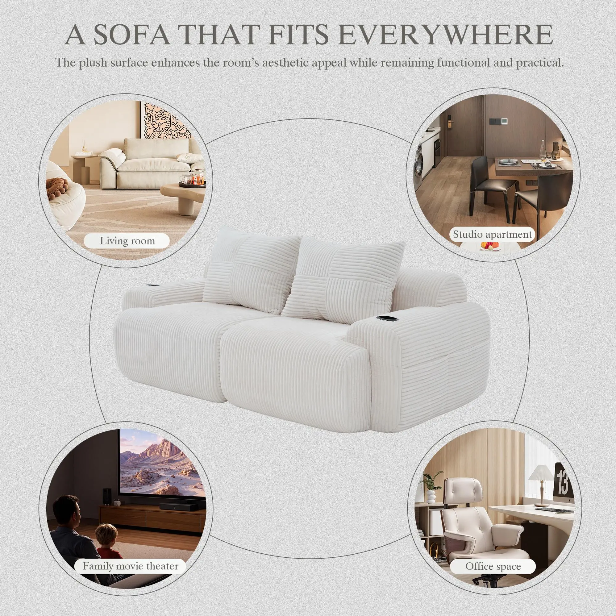 2 Seater Corduroy Sofa 200 x 99 x 80cm - Beige - 5