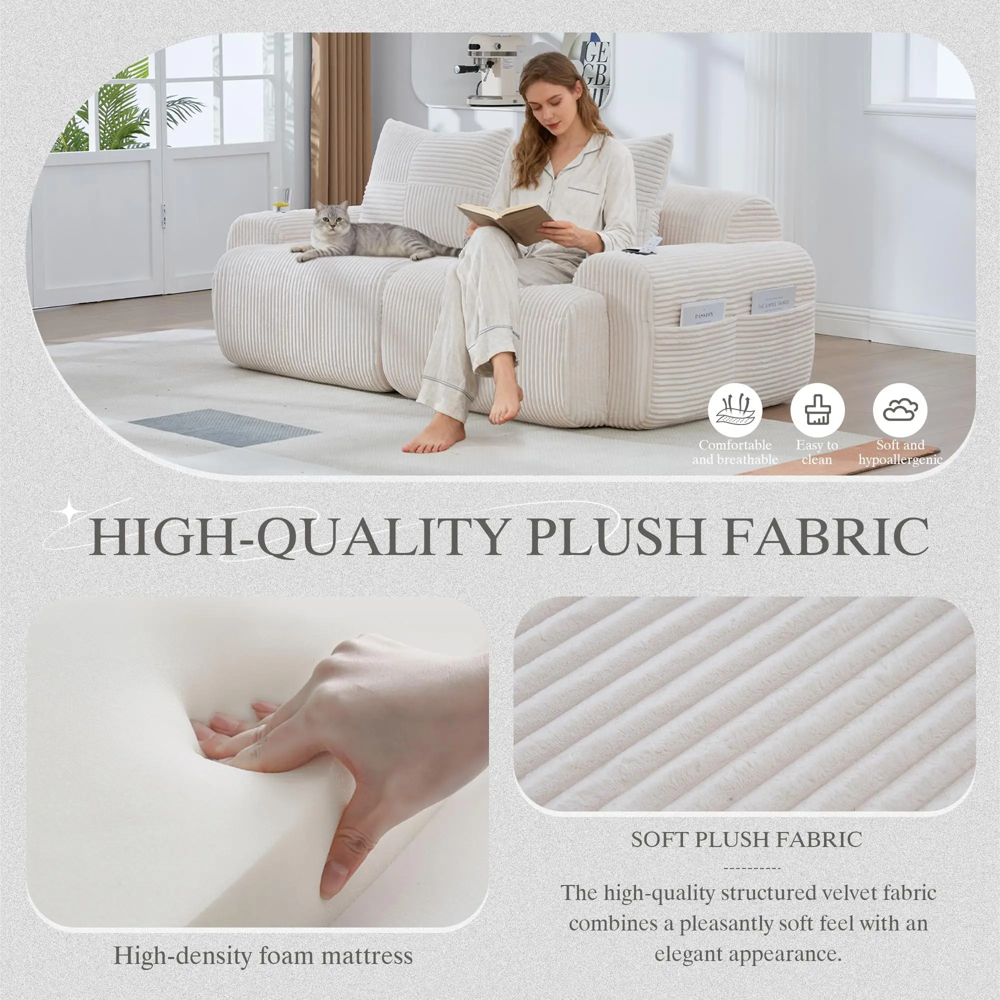 2 Seater Corduroy Sofa 200 x 99 x 80cm - Beige - 6
