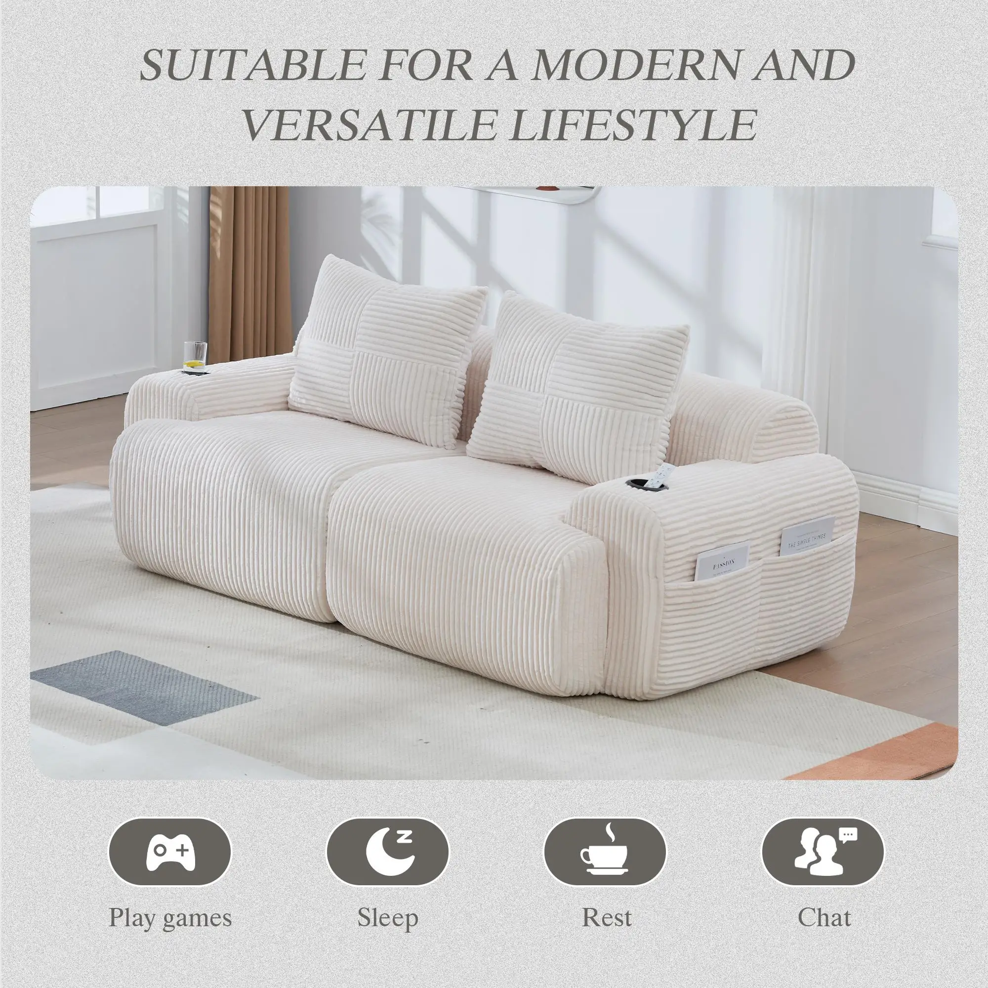 2 Seater Corduroy Sofa 200 x 99 x 80cm - Beige - 8