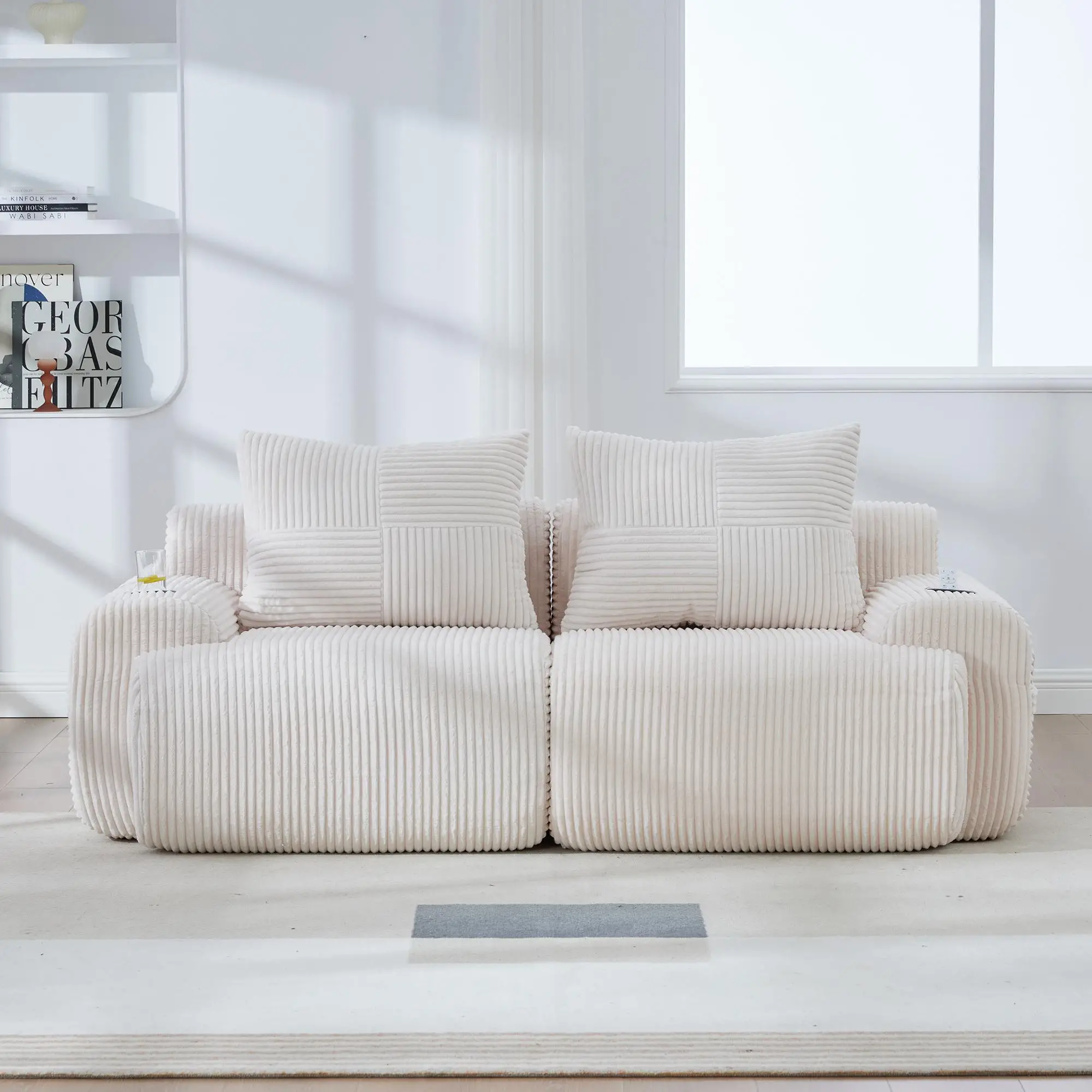 2 Seater Corduroy Sofa 200 x 99 x 80cm - Beige - 9