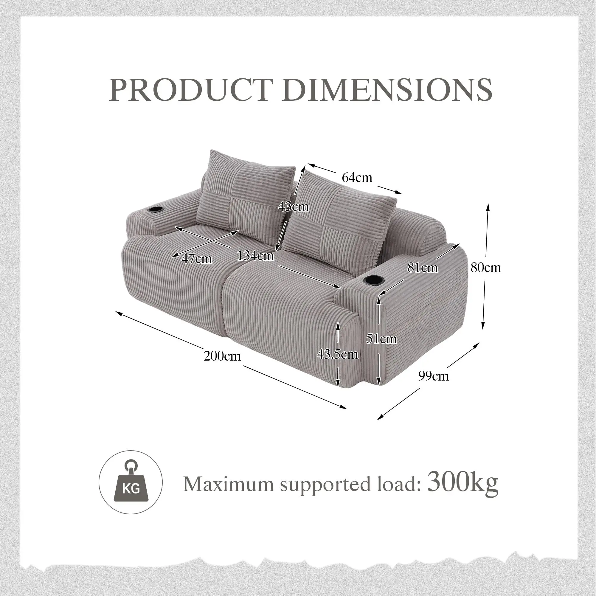 2 Seater Corduroy Sofa 200 x 99 x 80cm - Light Grey - 3