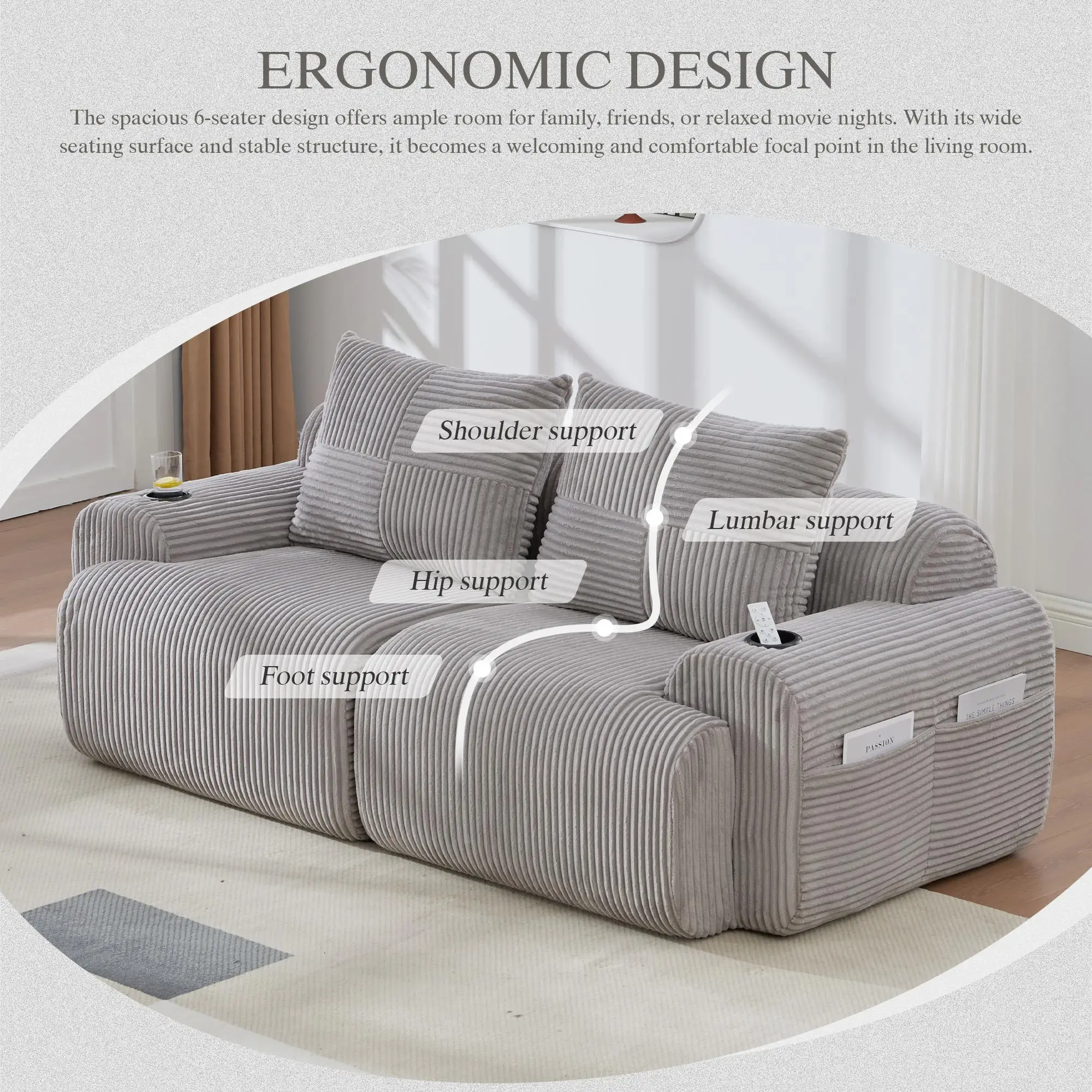 2 Seater Corduroy Sofa 200 x 99 x 80cm - Light Grey - 4