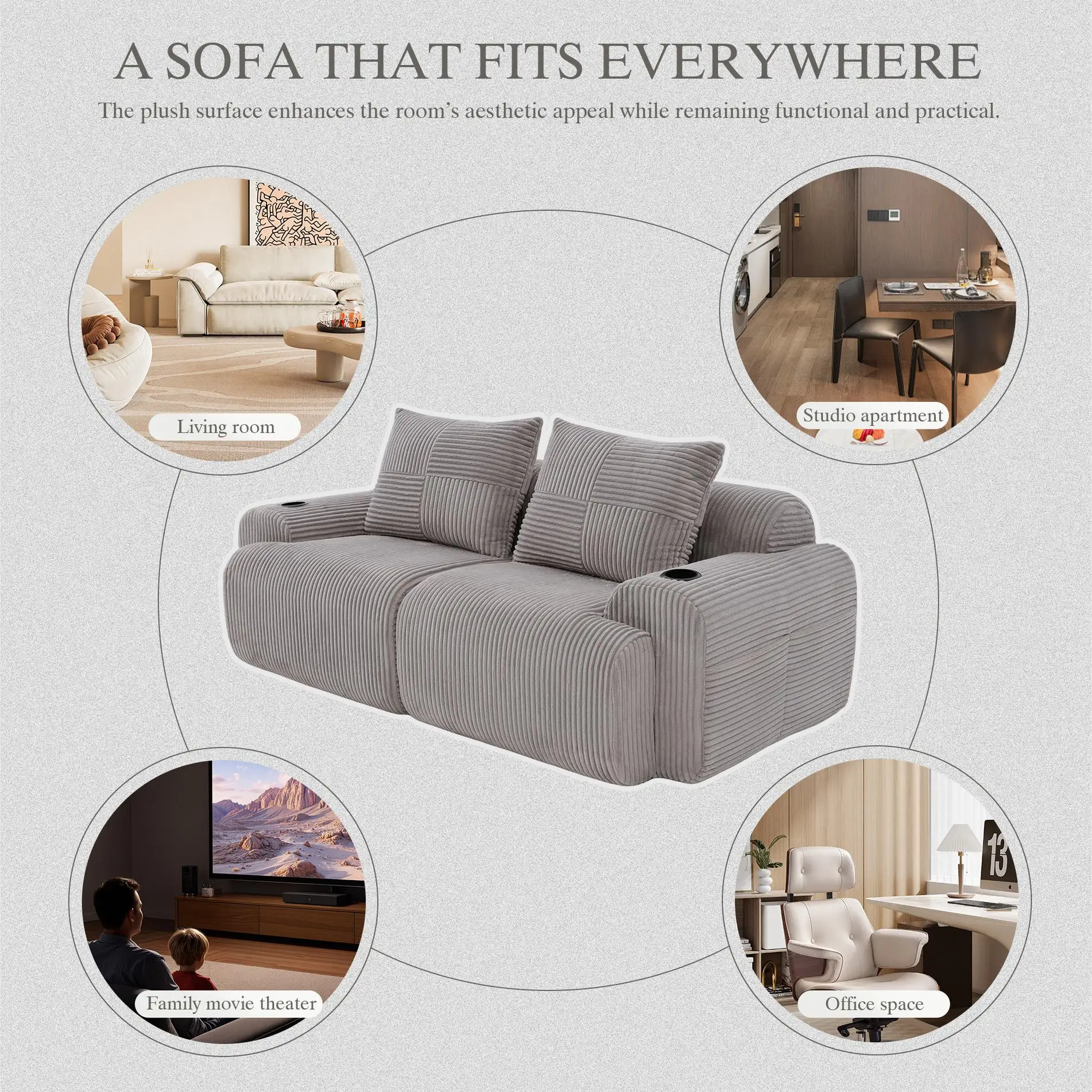 2 Seater Corduroy Sofa 200 x 99 x 80cm - Light Grey - 5