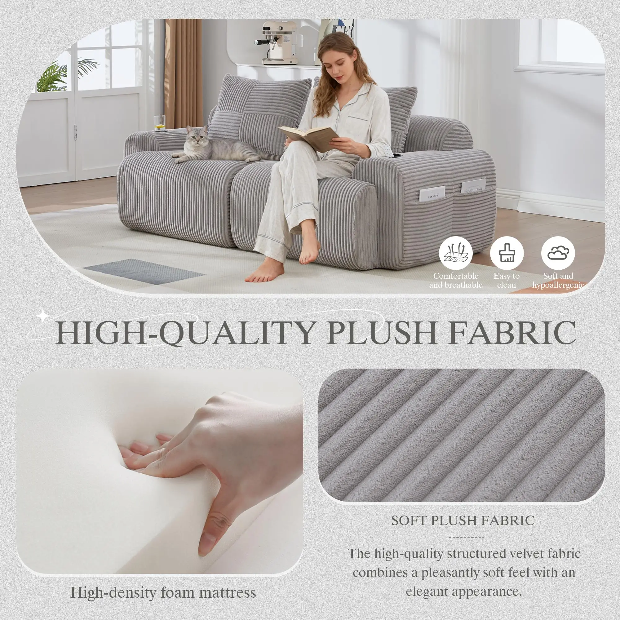 2 Seater Corduroy Sofa 200 x 99 x 80cm - Light Grey - 7
