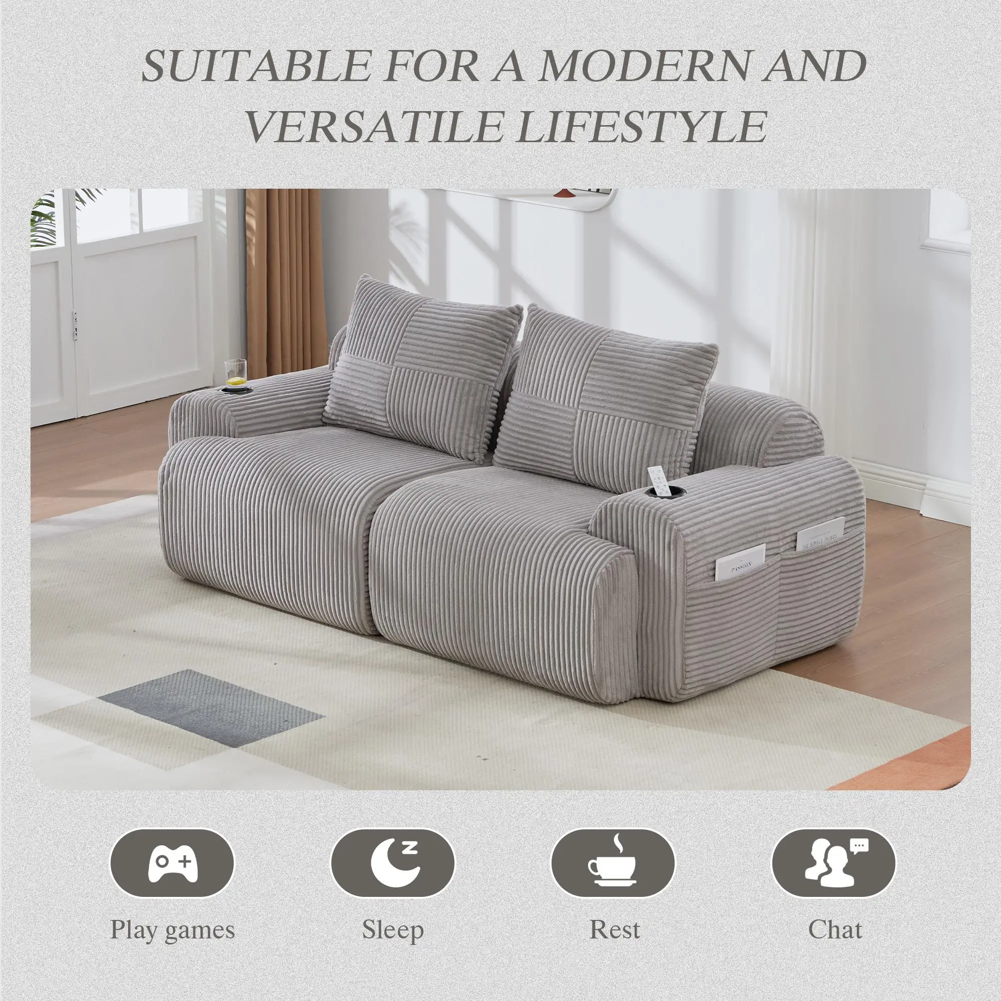 2 Seater Corduroy Sofa 200 x 99 x 80cm - Light Grey - 8