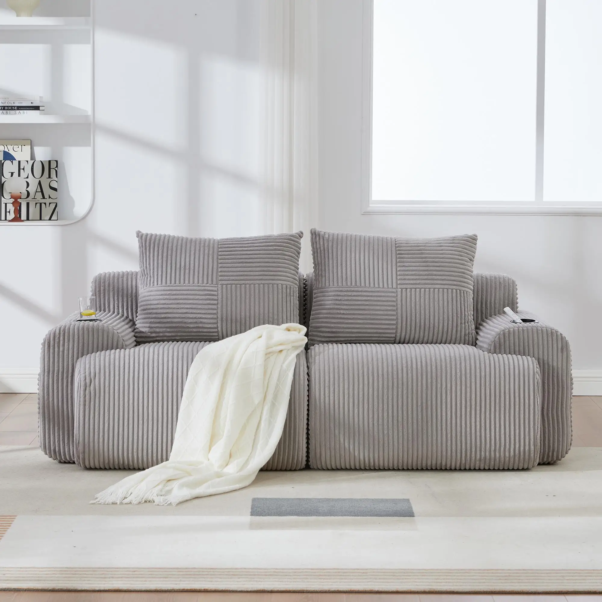 2 Seater Corduroy Sofa 200 x 99 x 80cm - Light Grey - 9