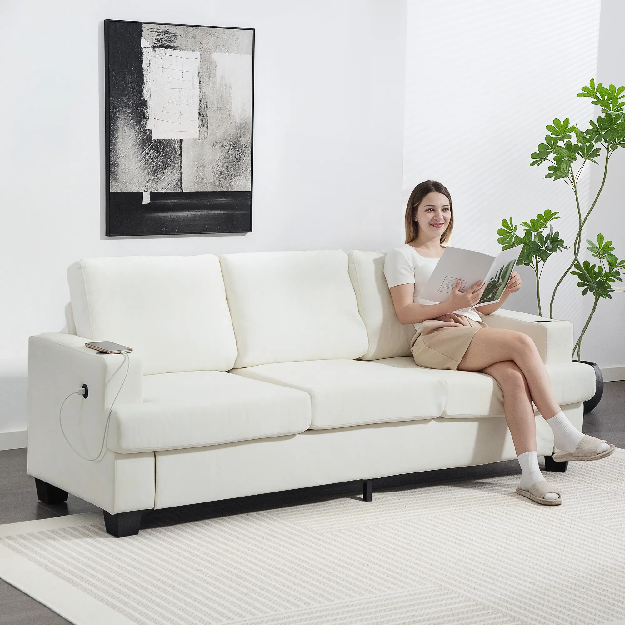 3 Seater Chenille Sofa 213 x 82 x 90cm - Cream White - 2