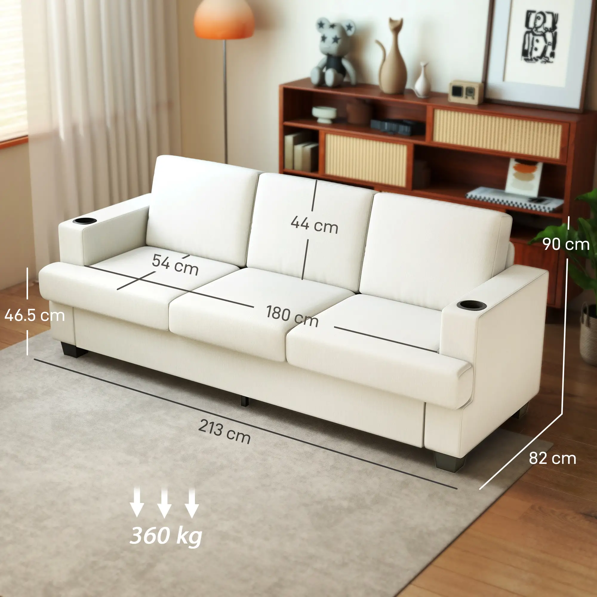 3 Seater Chenille Sofa 213 x 82 x 90cm - Cream White - 3