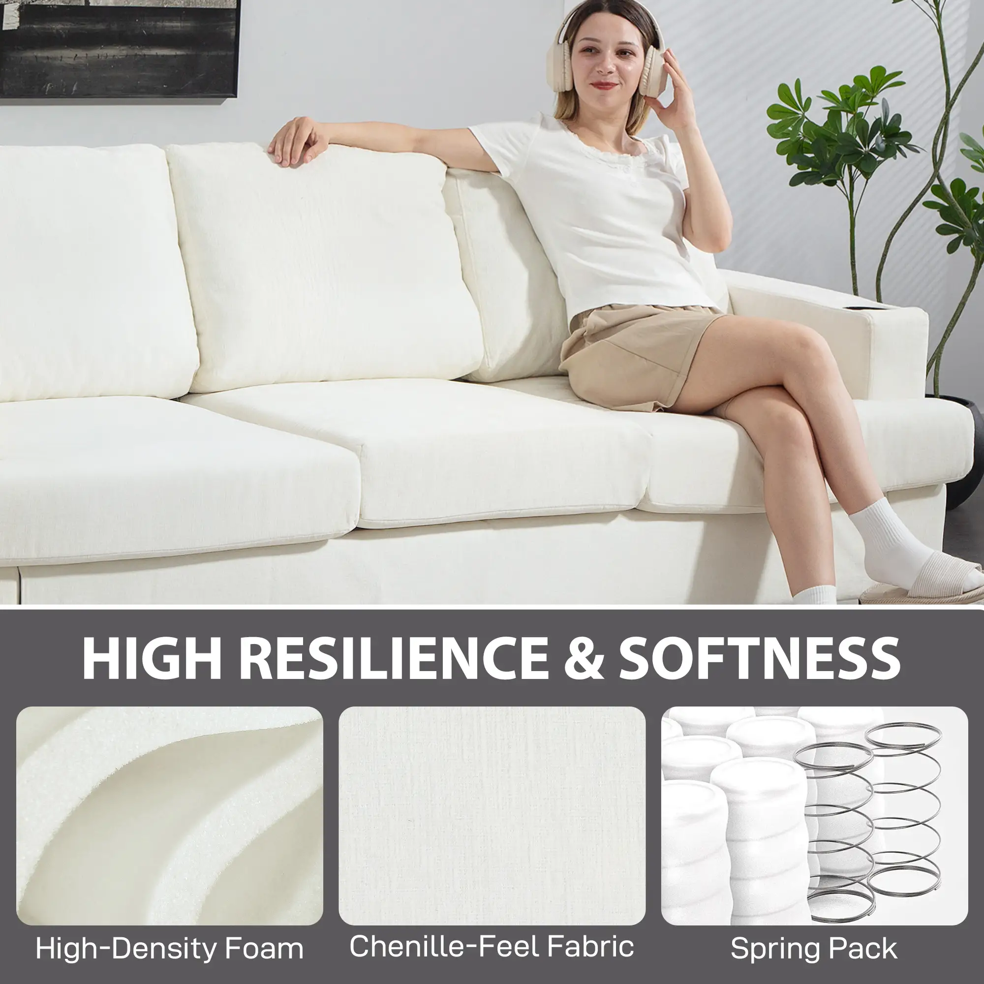 3 Seater Chenille Sofa 213 x 82 x 90cm - Cream White - 6