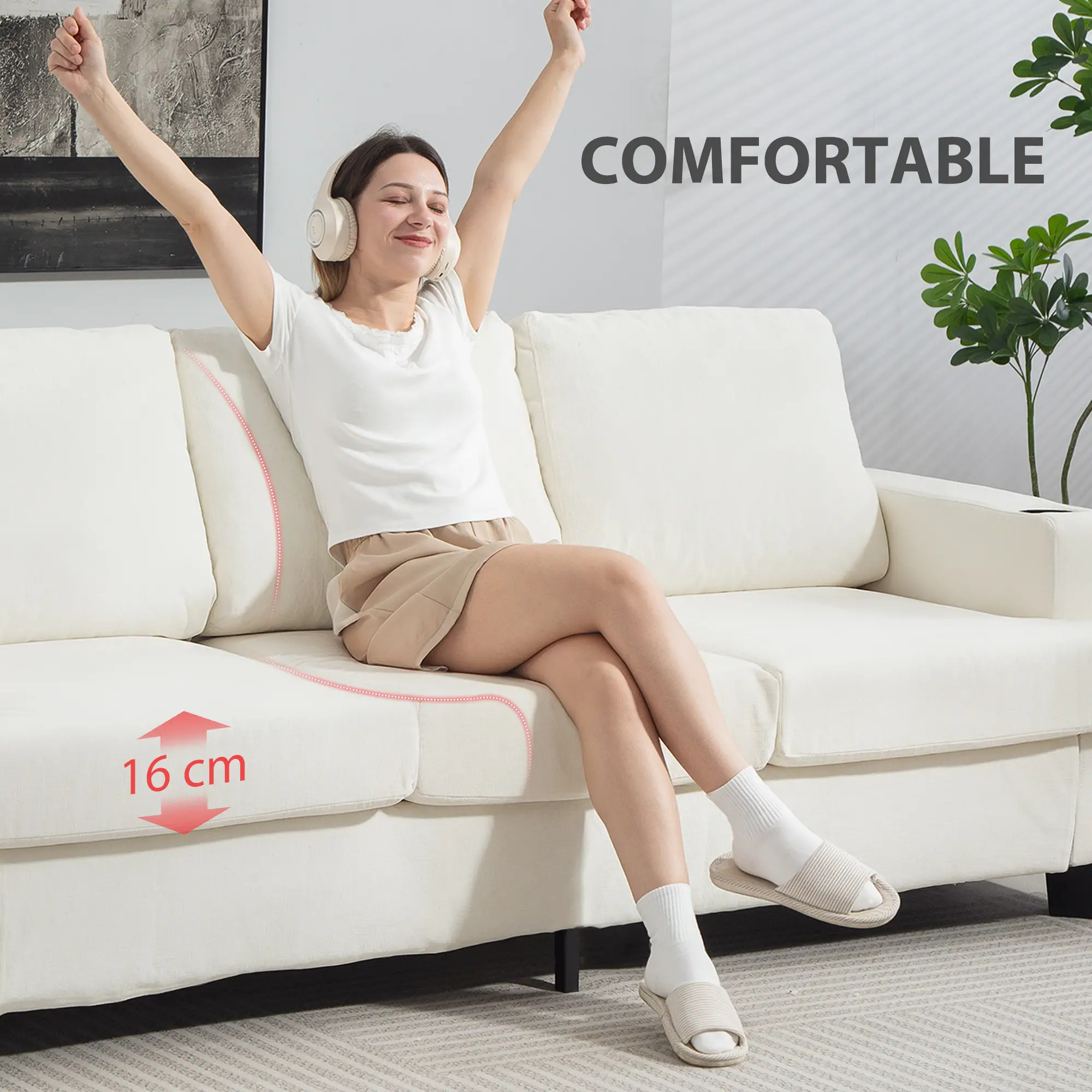 3 Seater Chenille Sofa 213 x 82 x 90cm - Cream White - 7