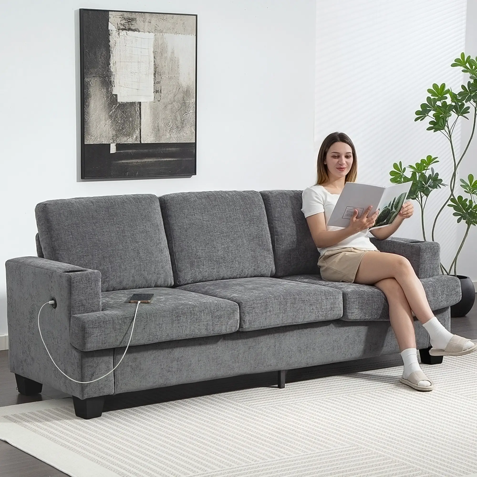 3 Seater Chenille Sofa 213 x 82 x 90cm - Grey - 2