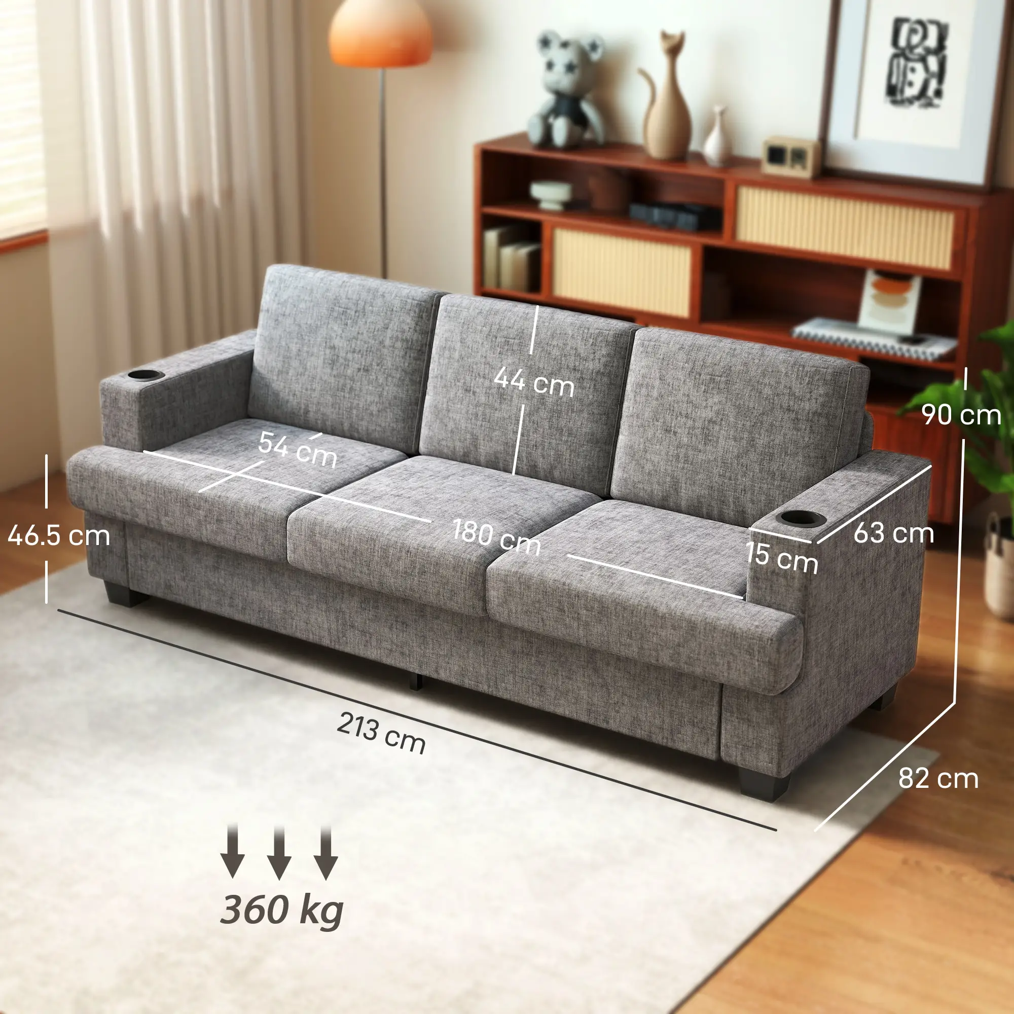 3 Seater Chenille Sofa 213 x 82 x 90cm - Grey - 3