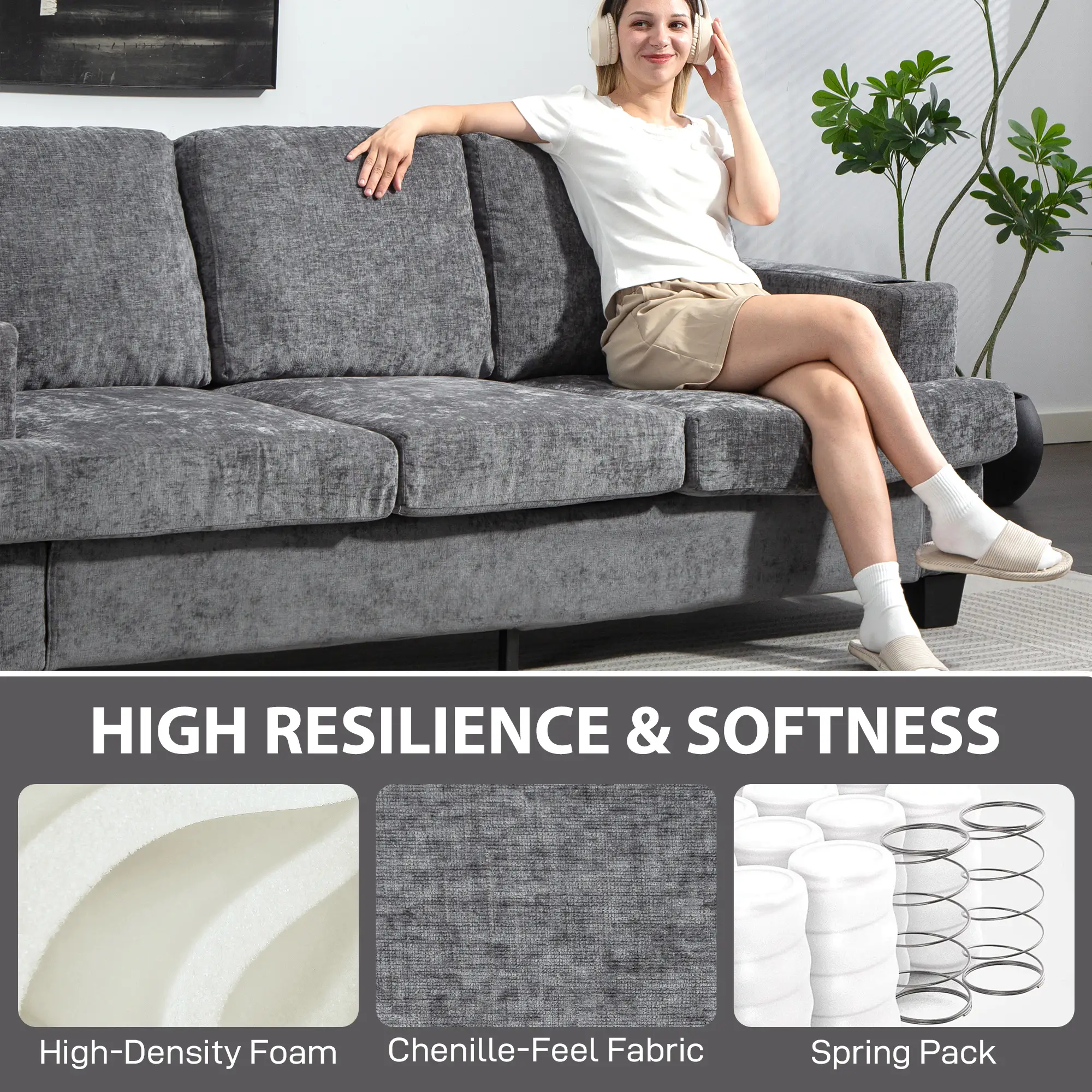3 Seater Chenille Sofa 213 x 82 x 90cm - Grey - 6