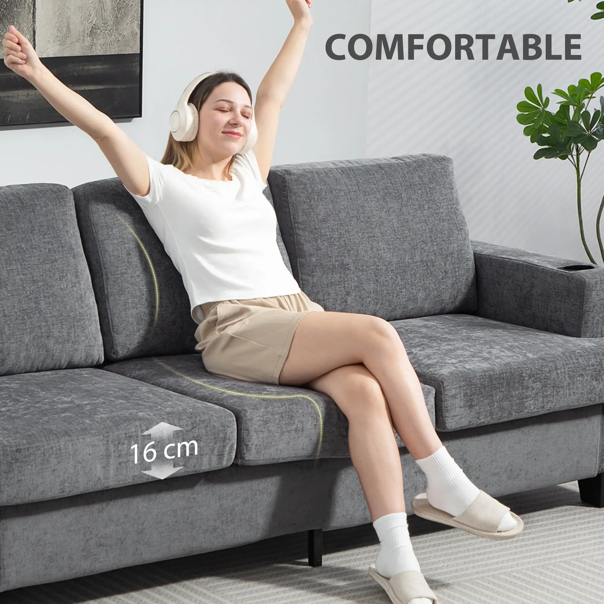 3 Seater Chenille Sofa 213 x 82 x 90cm - Grey - 7