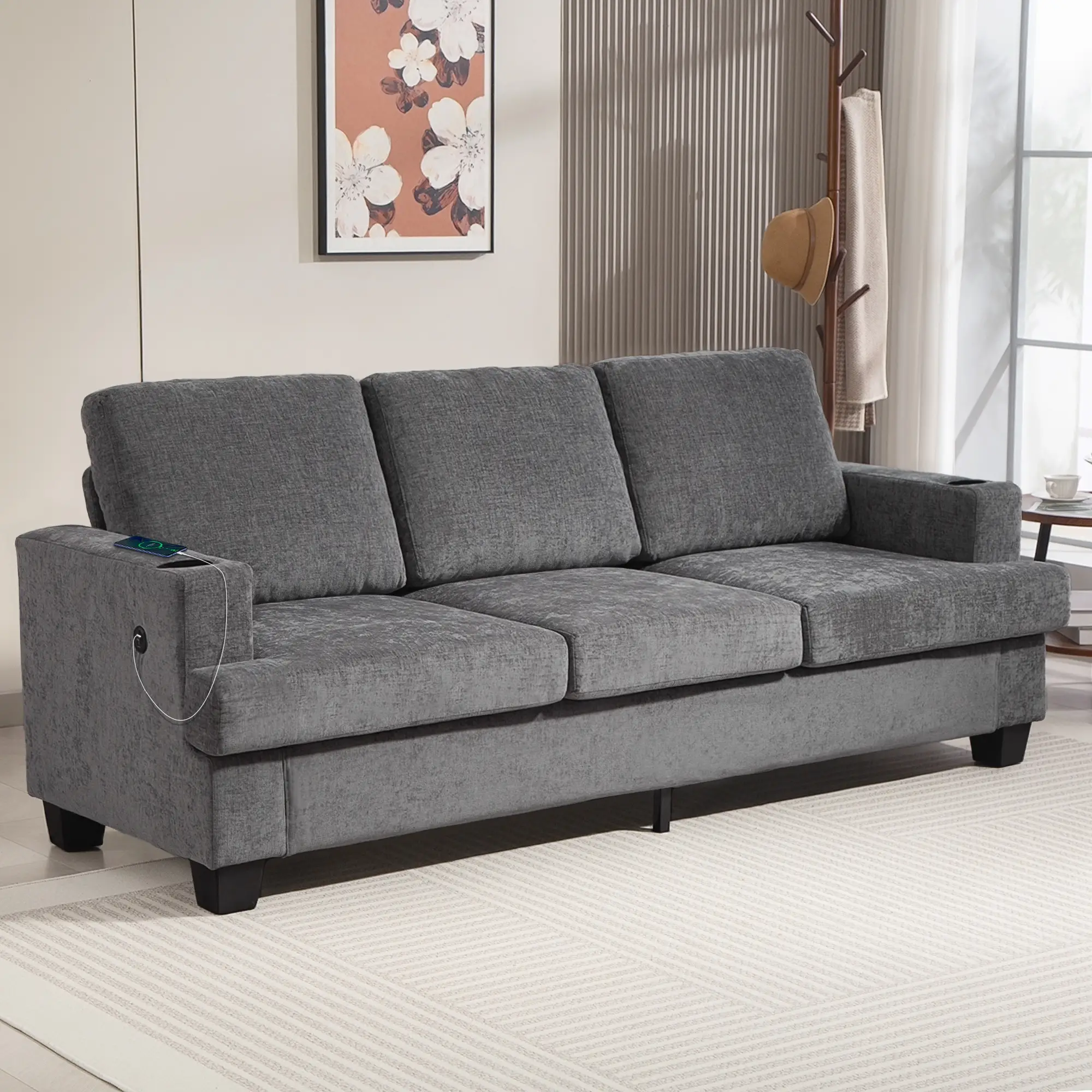 3 Seater Chenille Sofa 213 x 82 x 90cm - Grey - 10