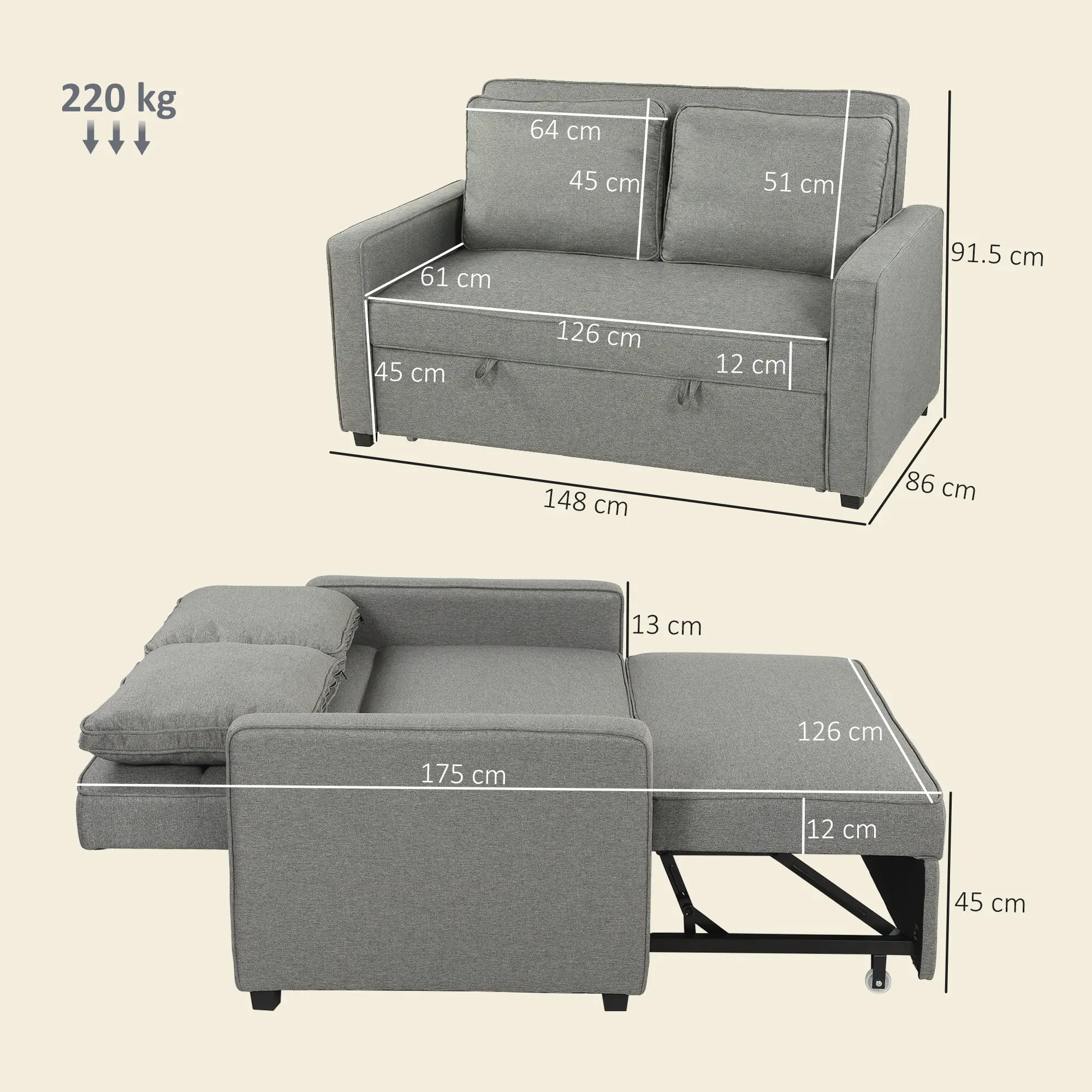 Linen Sofa Bed 148 x 86 x 91.5cm, Grey - Grey - 3