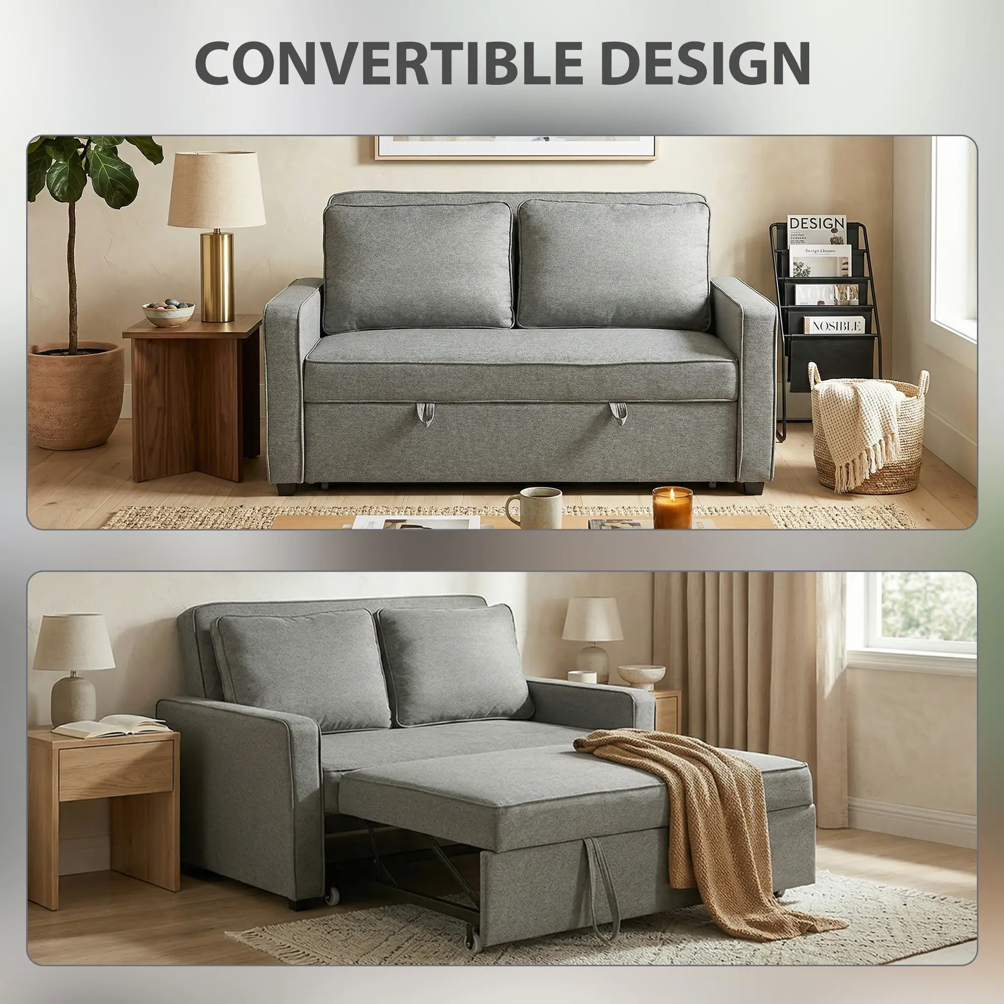 Linen Sofa Bed 148 x 86 x 91.5cm, Grey - Grey - 4