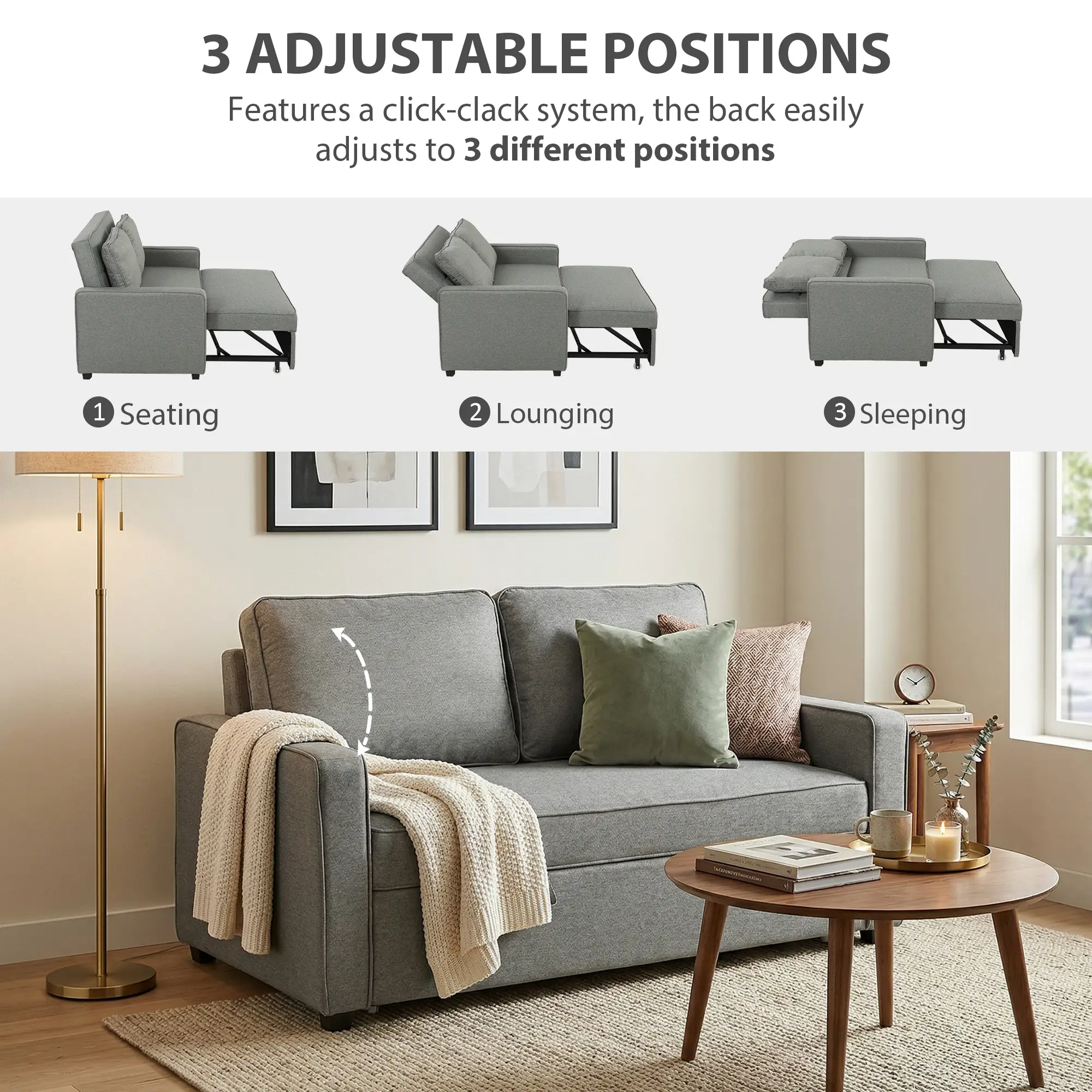 Linen Sofa Bed 148 x 86 x 91.5cm, Grey - Grey - 5