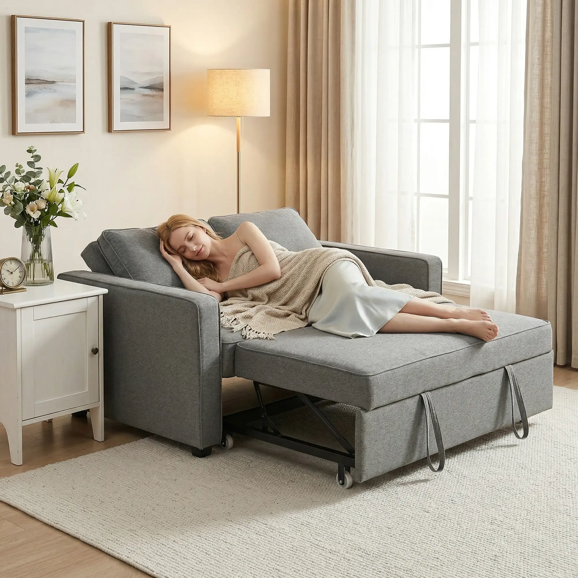 Linen Sofa Bed 148 x 86 x 91.5cm, Grey - Grey - 8