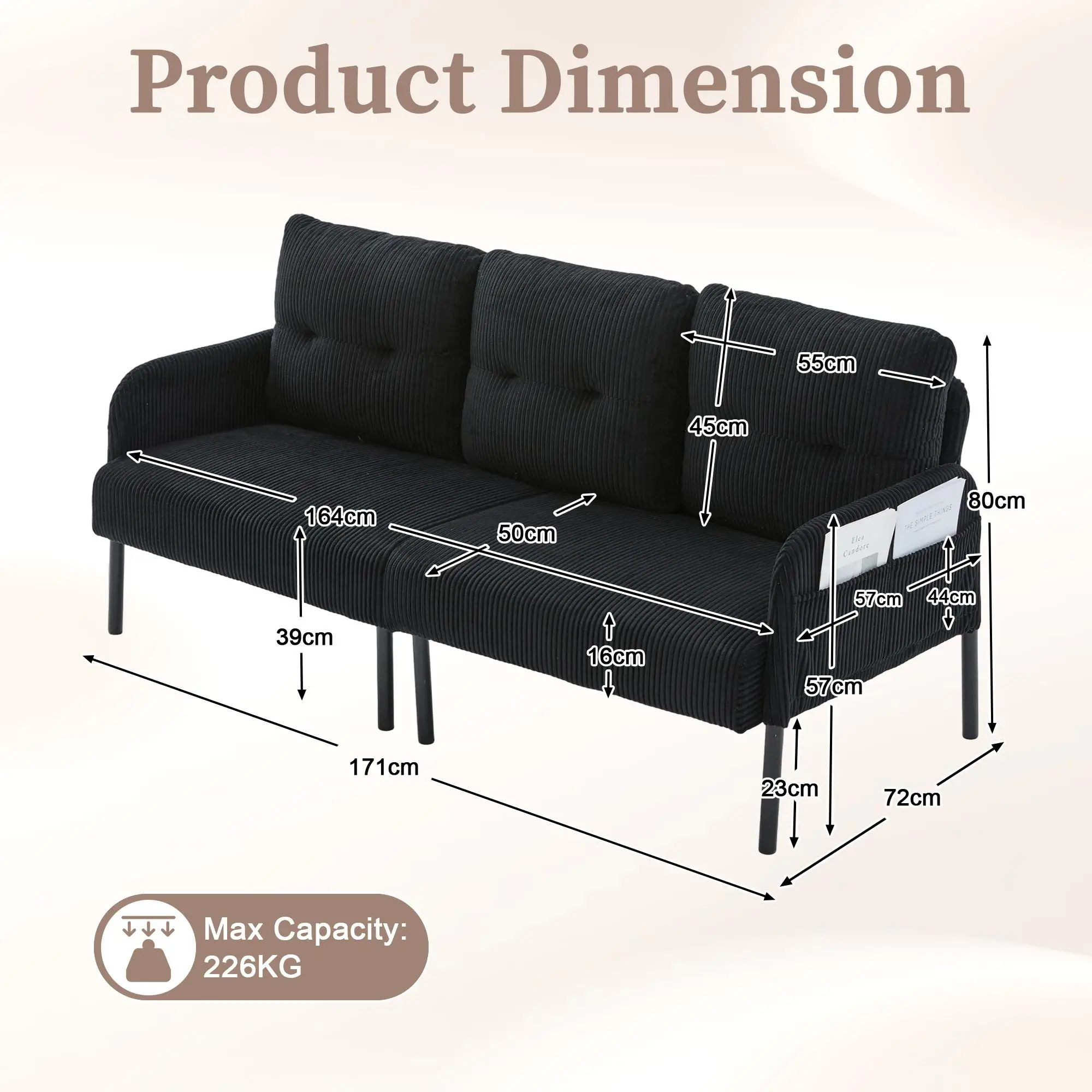 Corduroy Sofa 171 x 72 x 80cm - Black - 3