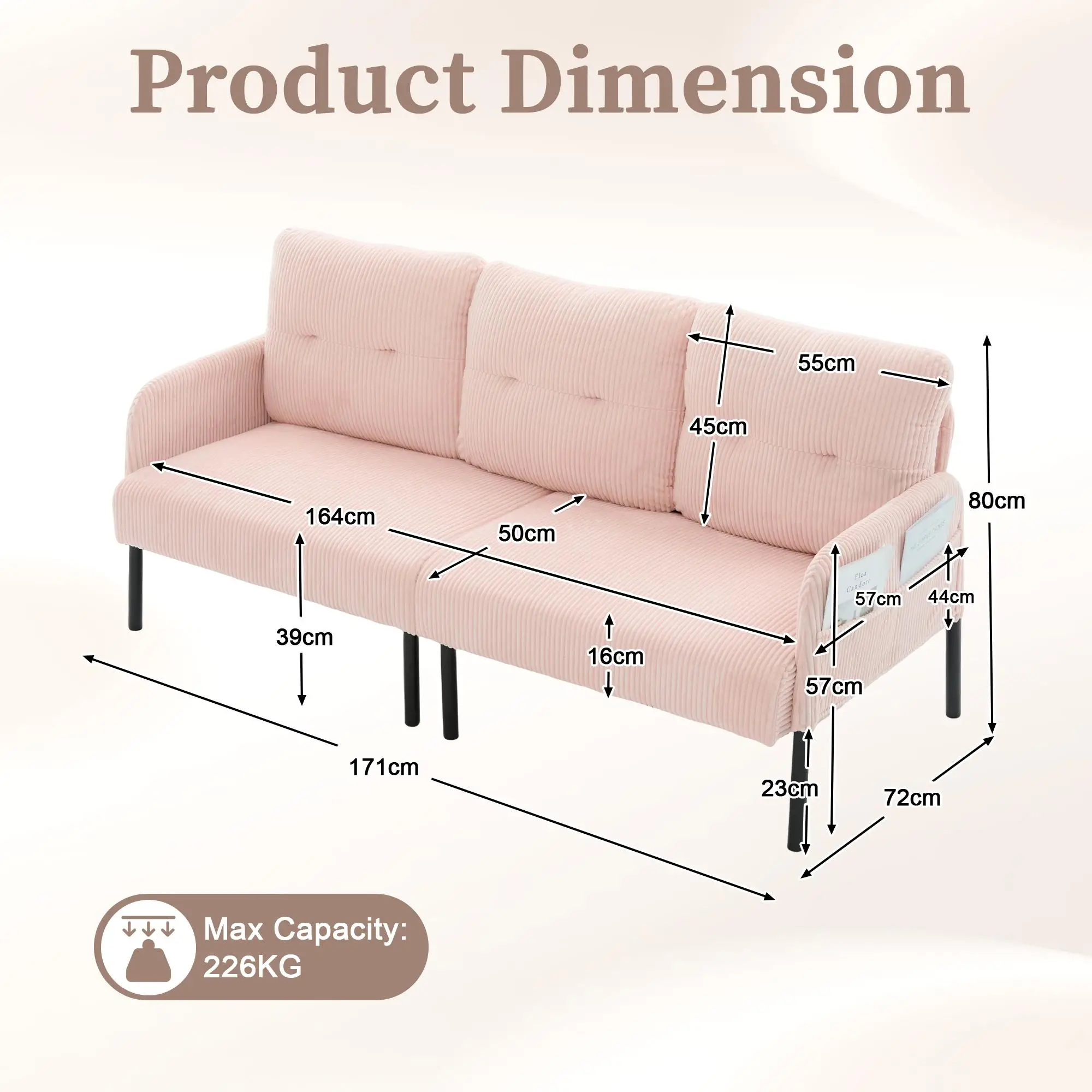 Corduroy Sofa 171 x 72 x 80cm - Pink - 3