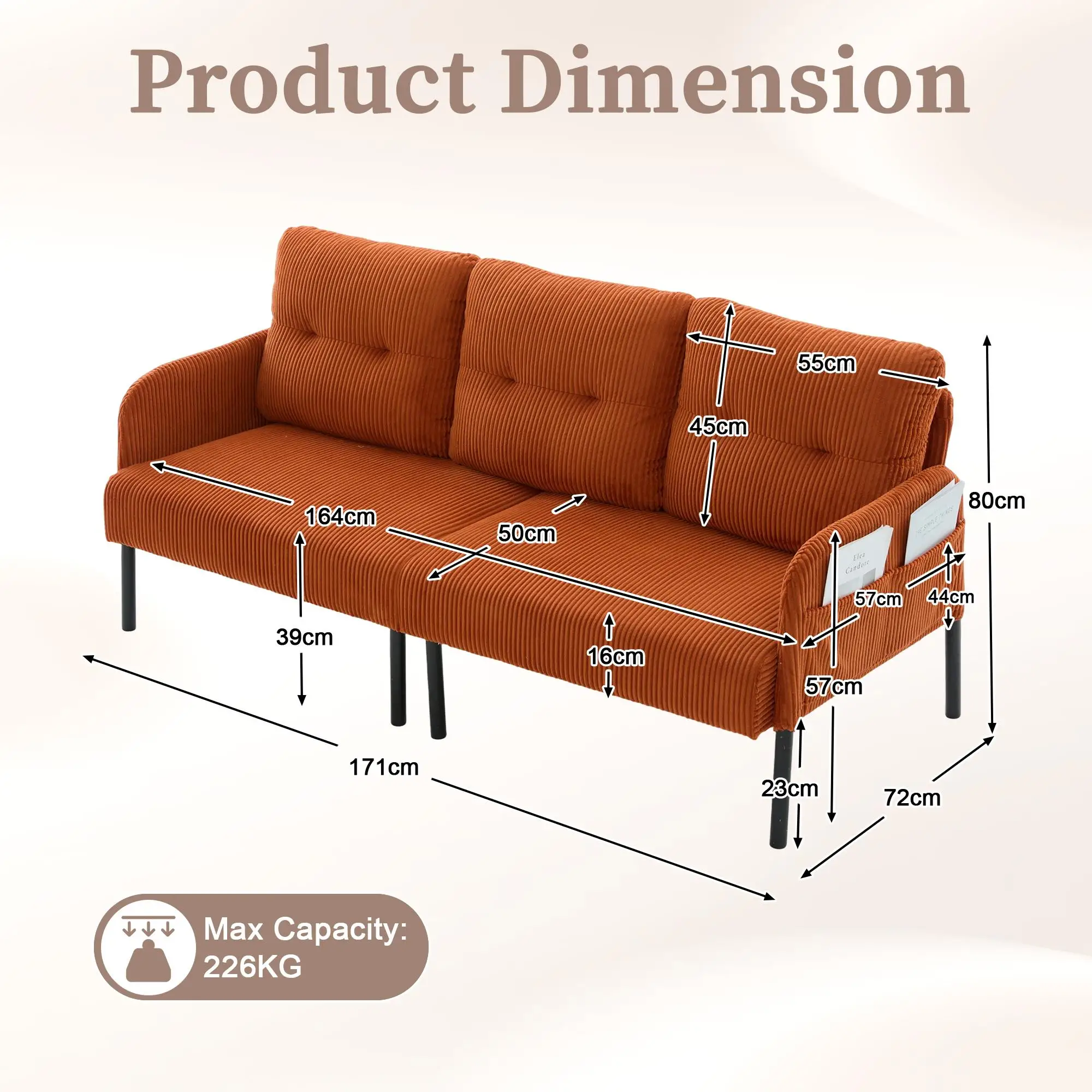 Corduroy Sofa 171 x 72 x 80cm - Orange - 3