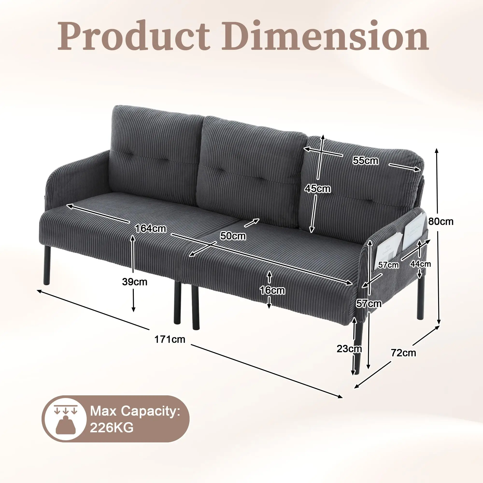 Corduroy Sofa 171 x 72 x 80cm - Charcoal Grey - 3