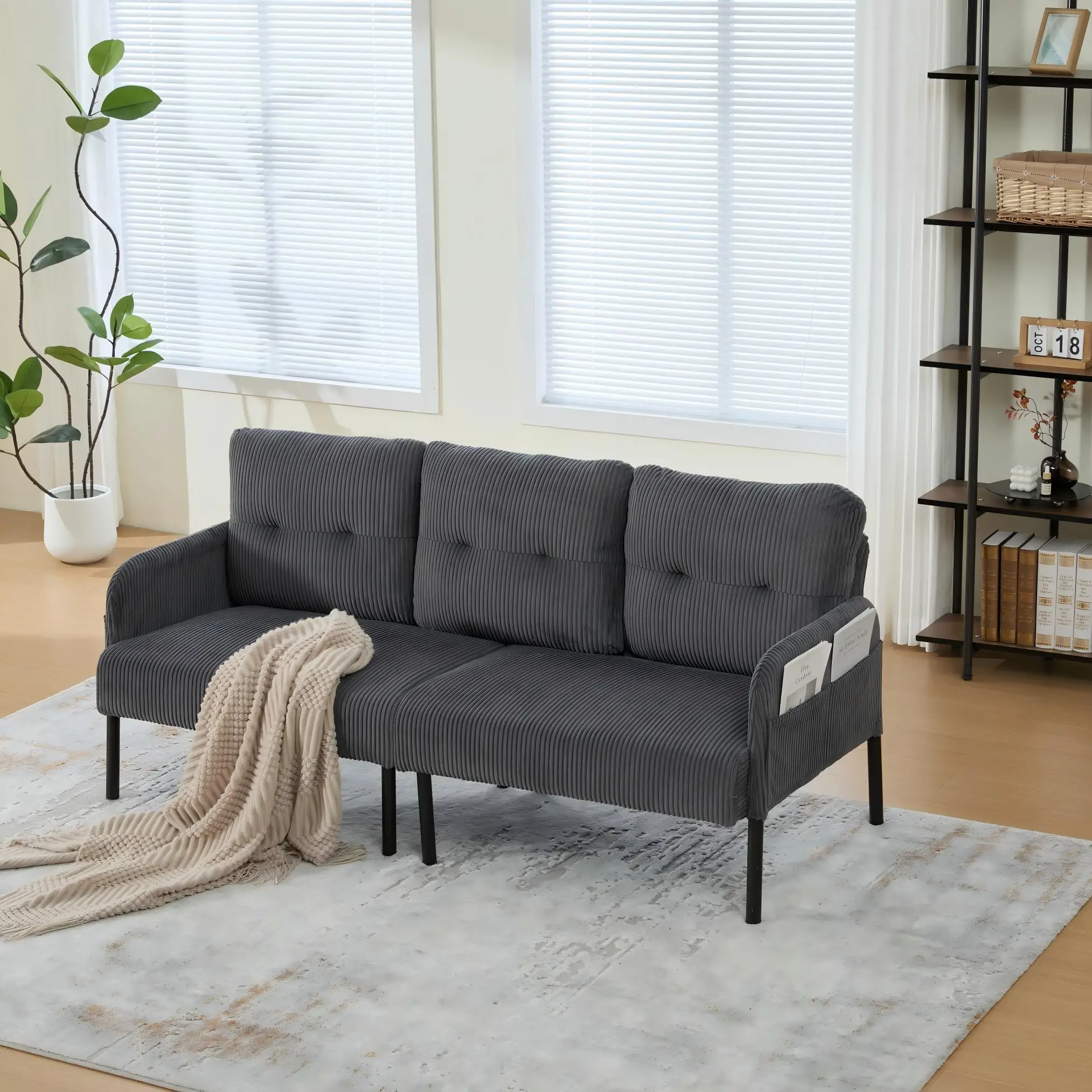 Corduroy Sofa 171 x 72 x 80cm - Charcoal Grey - 4