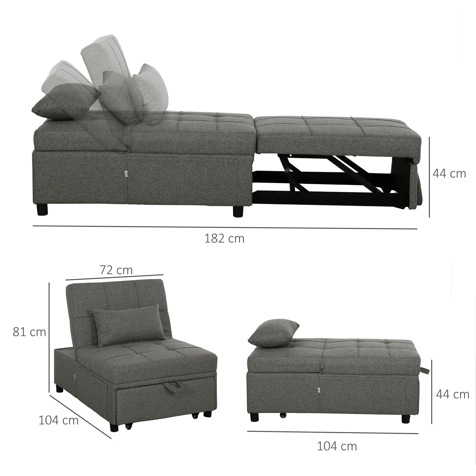 Linen Sofa Bed 104 x 72 x 81cm, Charcoal Grey - Charcoal Grey - 3