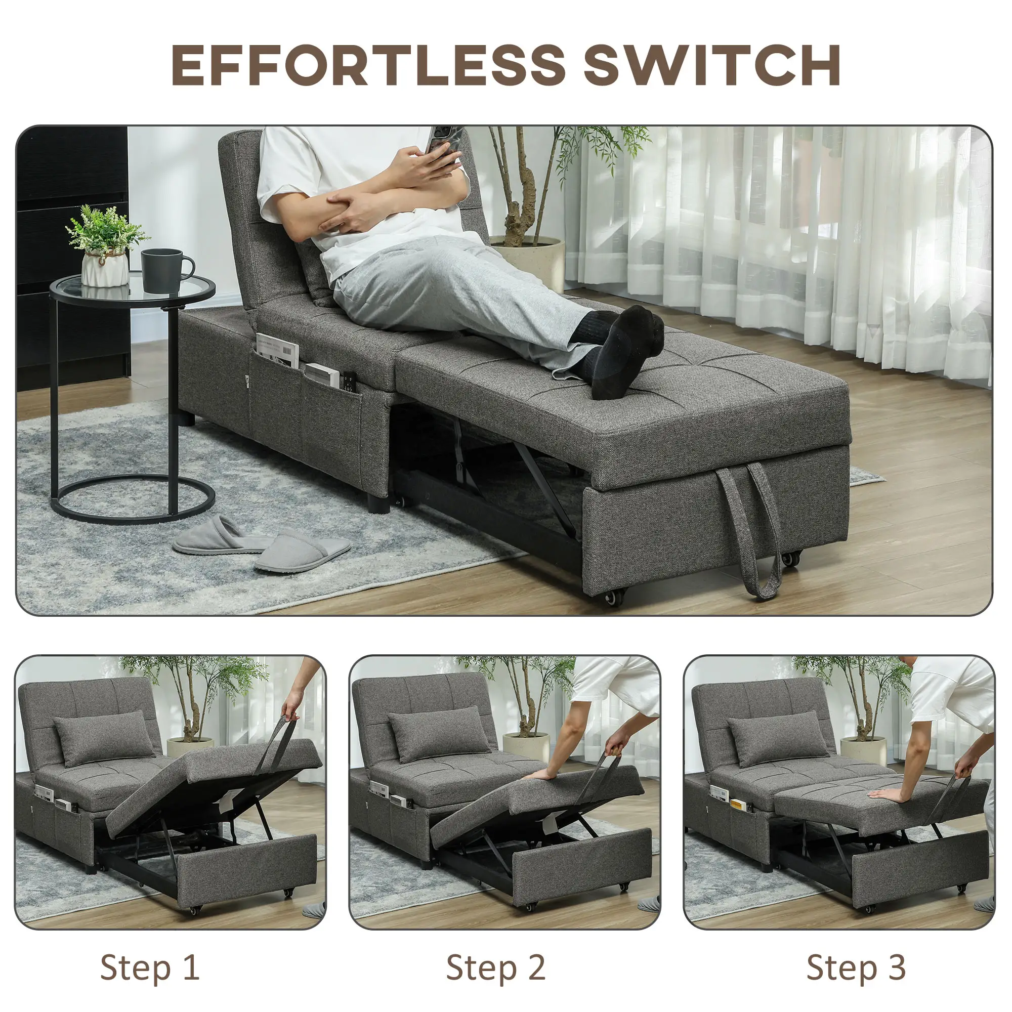Linen Sofa Bed 104 x 72 x 81cm, Charcoal Grey - Charcoal Grey - 4