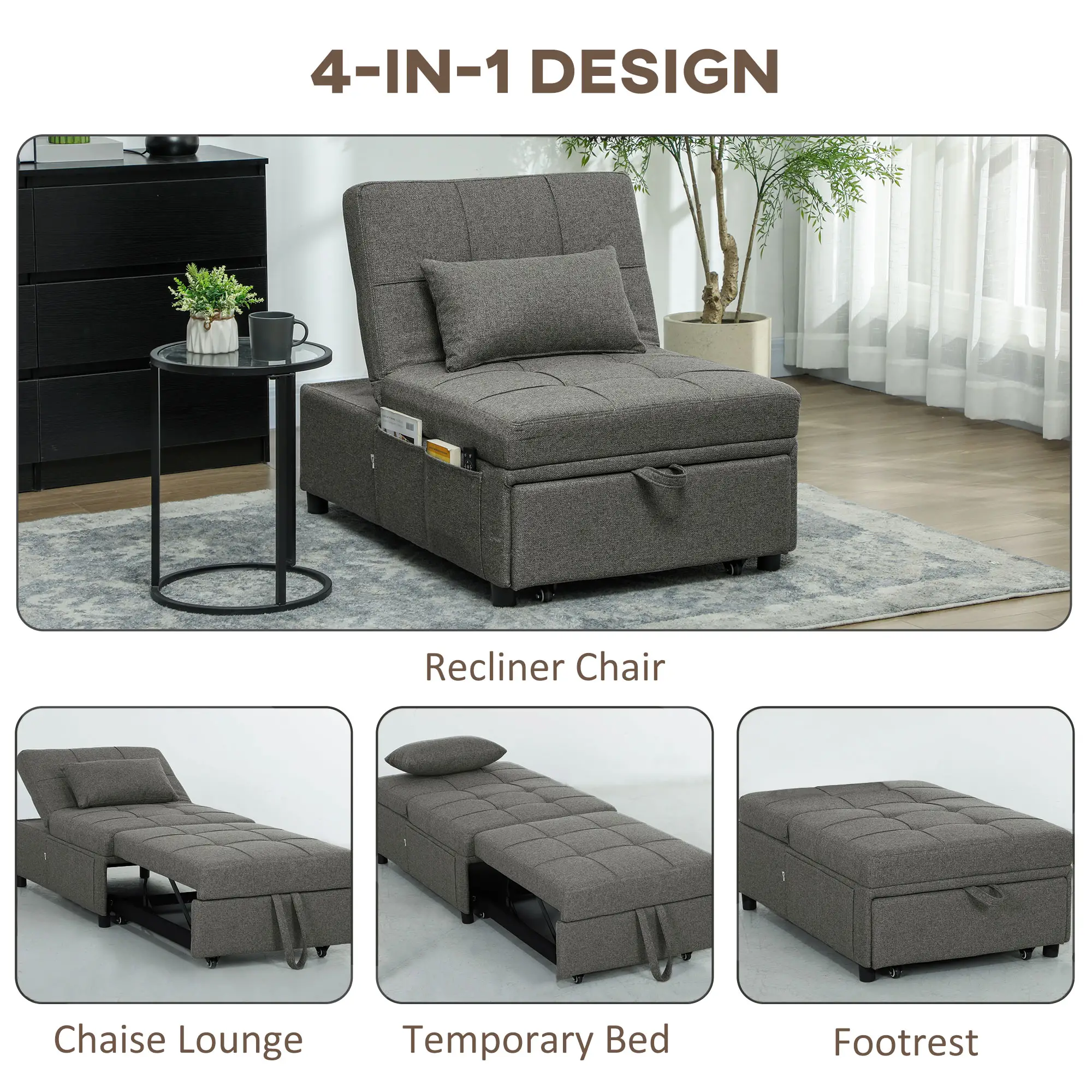 Linen Sofa Bed 104 x 72 x 81cm, Charcoal Grey - Charcoal Grey - 5