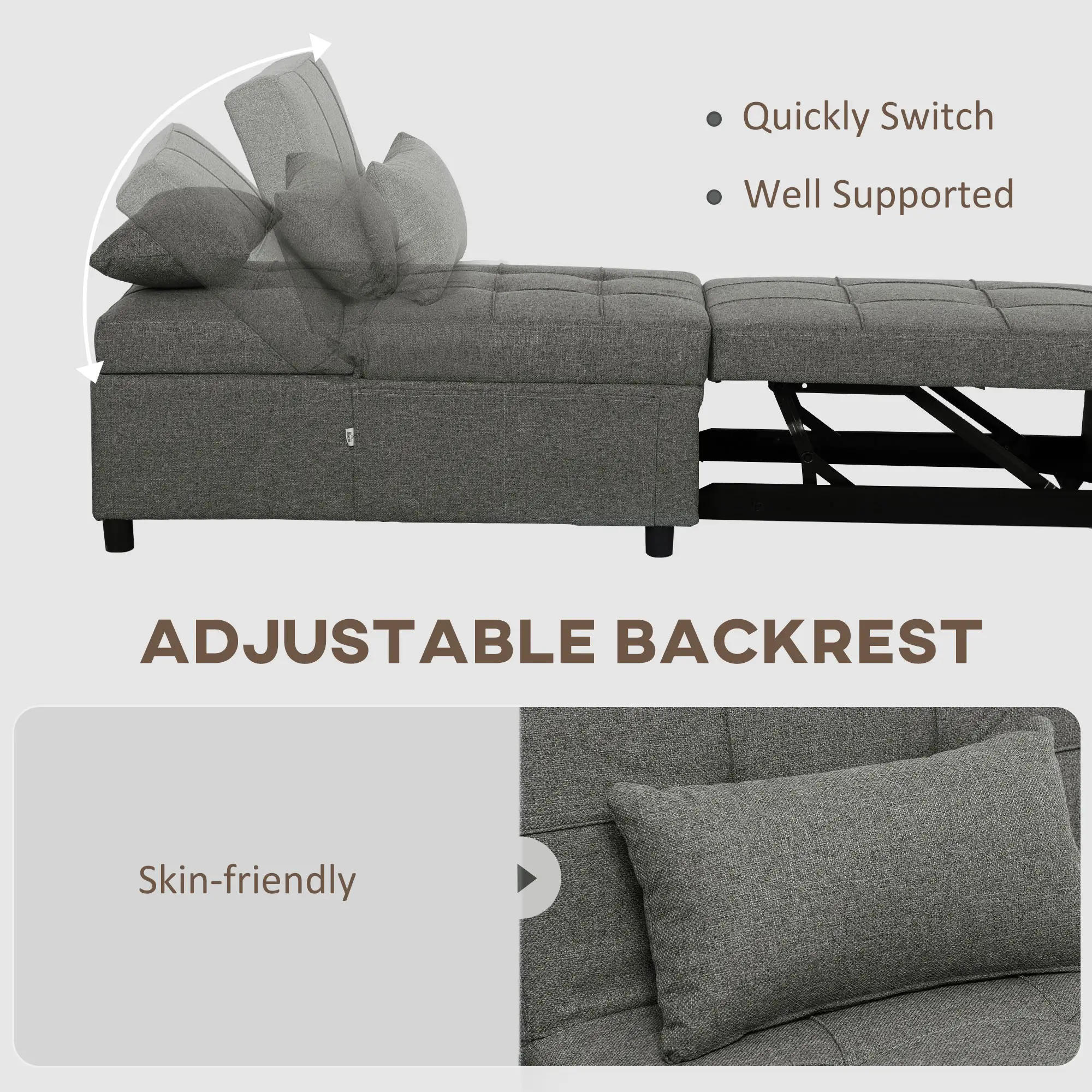 Linen Sofa Bed 104 x 72 x 81cm, Charcoal Grey - Charcoal Grey - 6