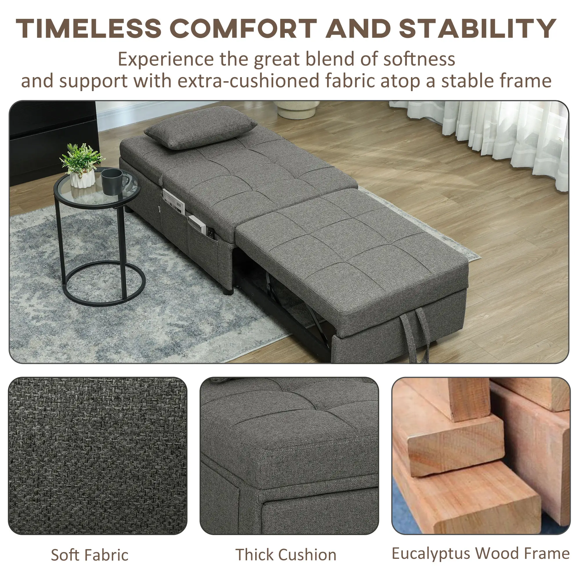 Linen Sofa Bed 104 x 72 x 81cm, Charcoal Grey - Charcoal Grey - 7