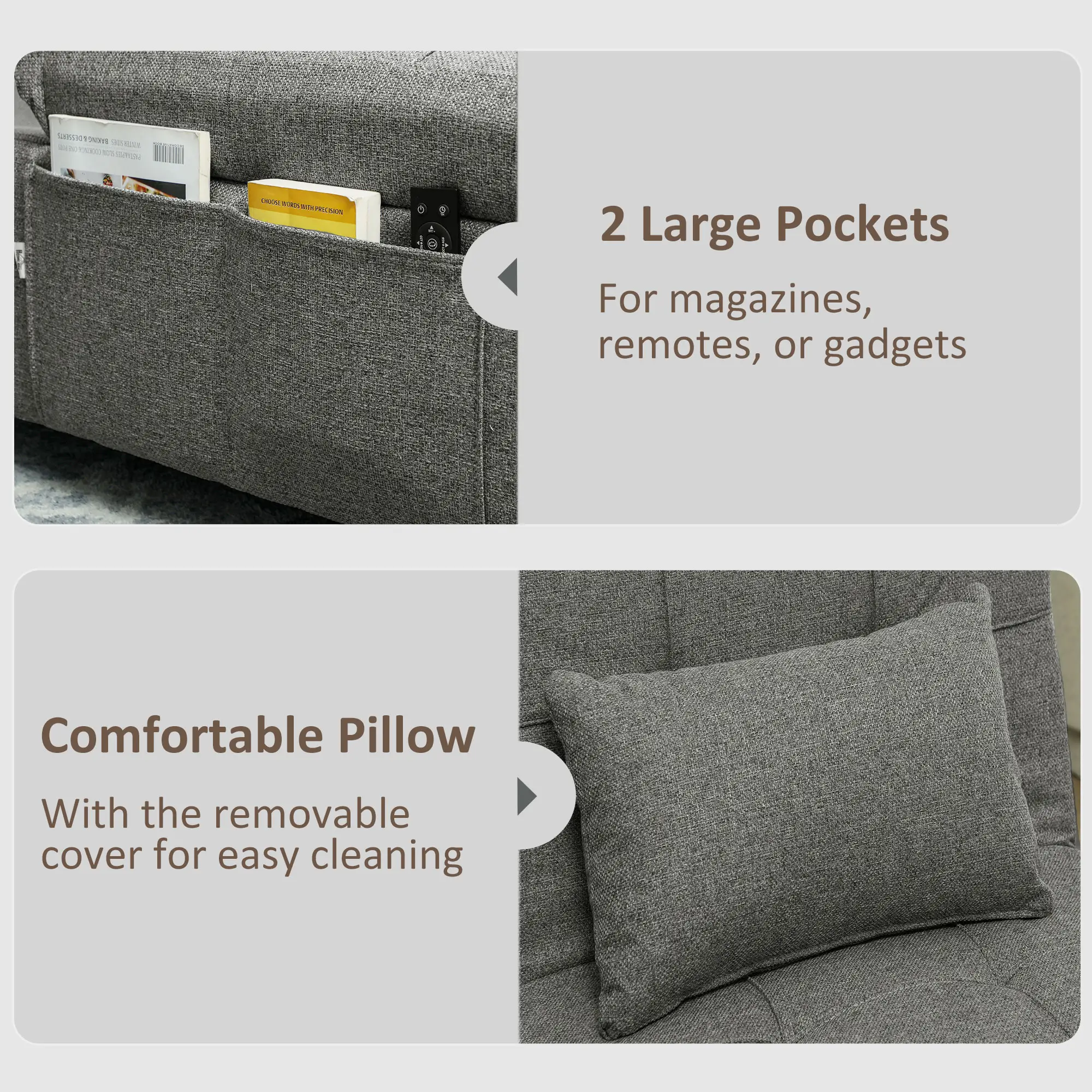 Linen Sofa Bed 104 x 72 x 81cm, Charcoal Grey - Charcoal Grey - 8