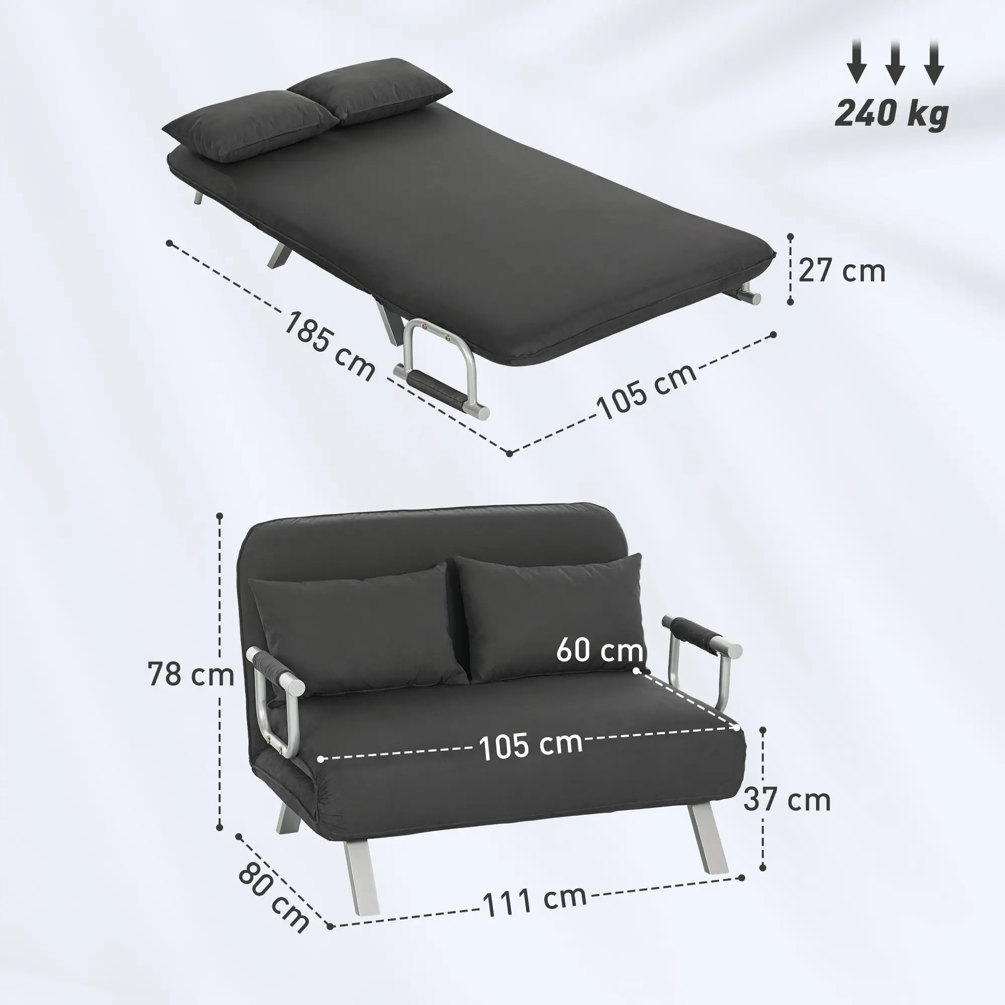 Sofa Bed 111 x 80 x 78cm - Charcoal Grey - 3