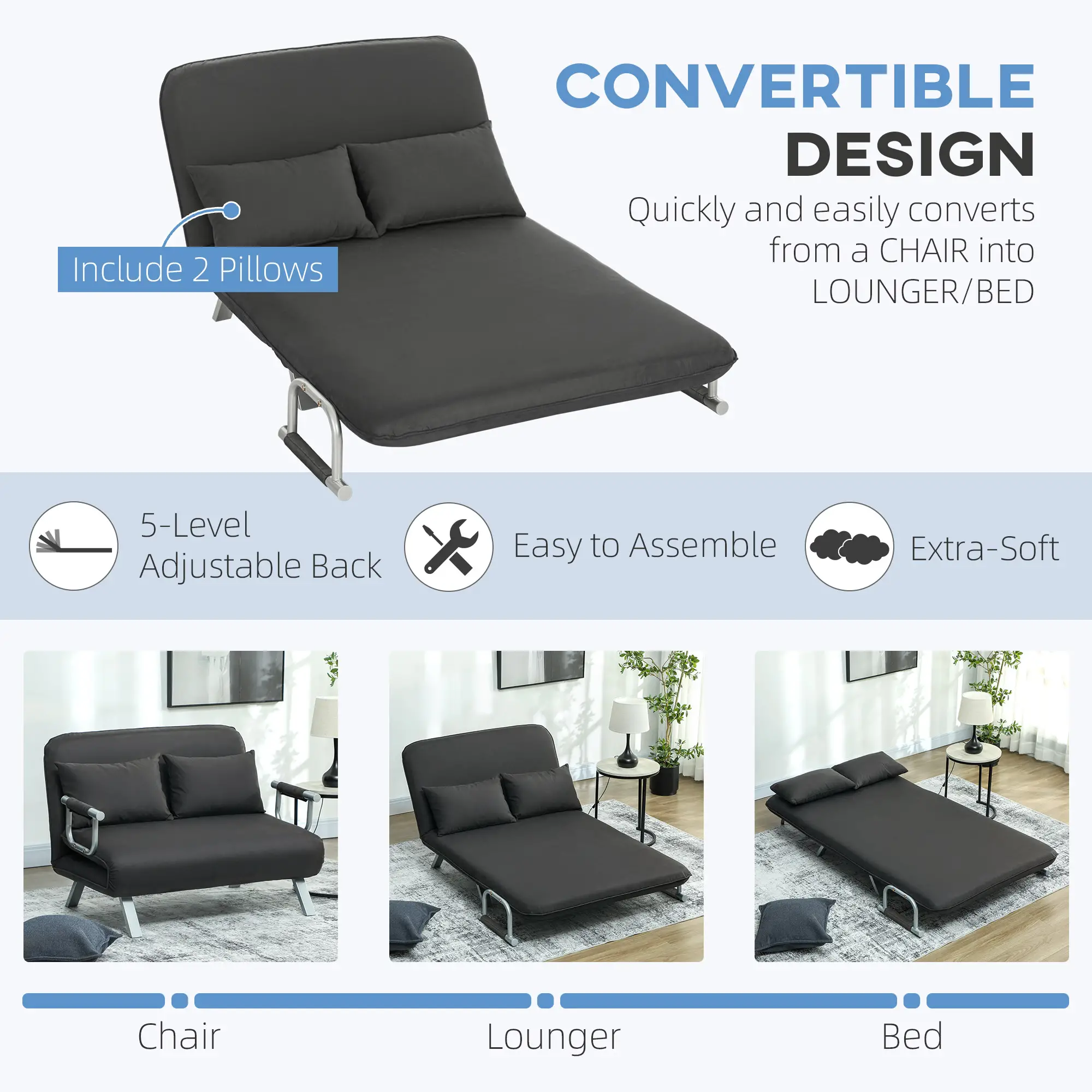 Sofa Bed 111 x 80 x 78cm - Charcoal Grey - 4