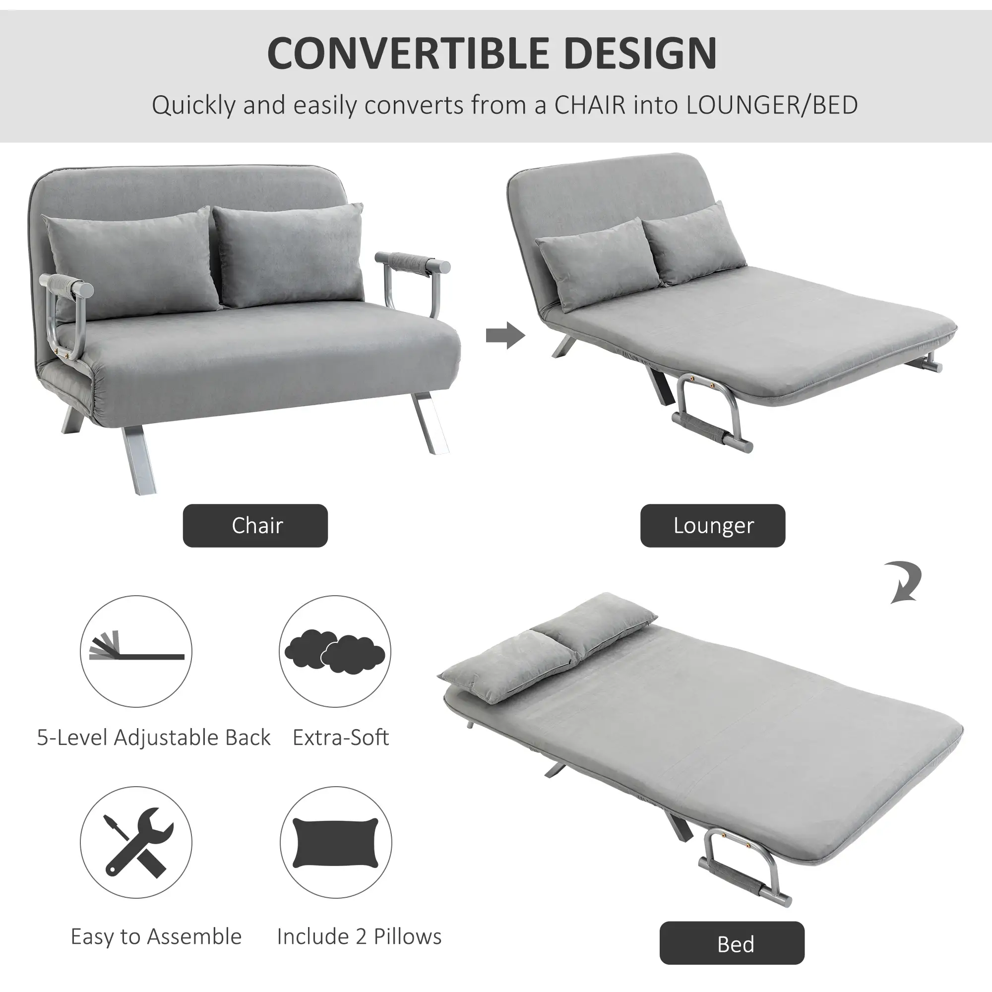 Sofa Bed 111 x 80 x 78cm - Light Grey - 4