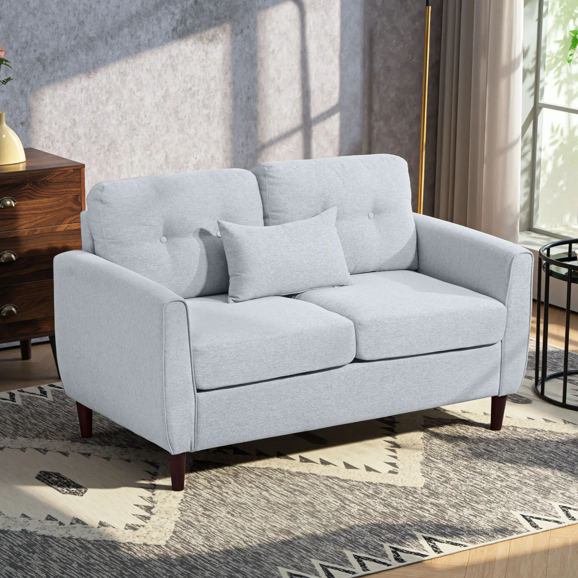 2 Seater Linen Sofa 140 x 78 x 83cm, Light Grey, Brown - Light Grey, Brown - 2