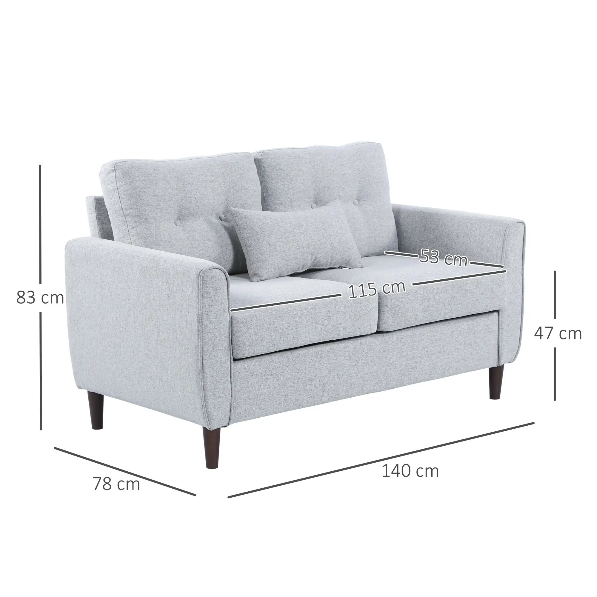 2 Seater Linen Sofa 140 x 78 x 83cm, Light Grey, Brown - Light Grey, Brown - 3