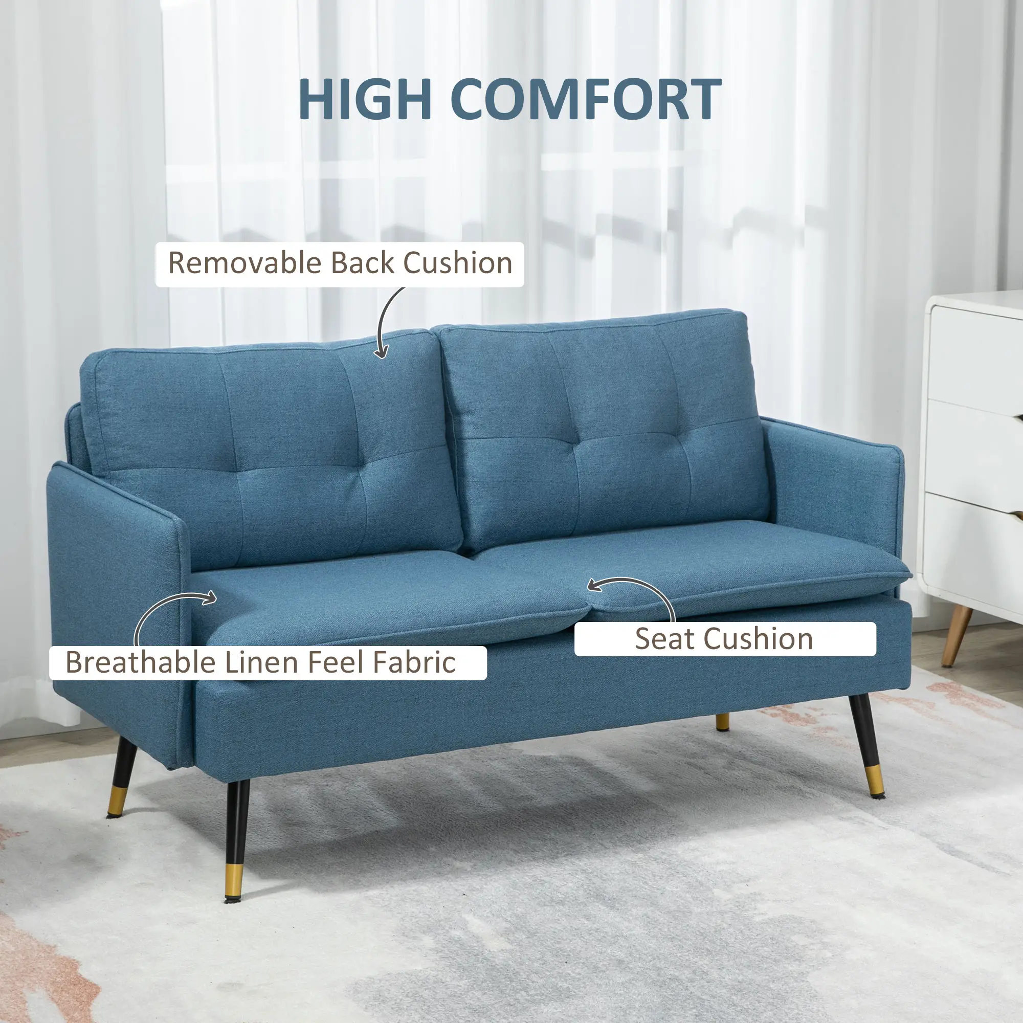 Linen Sofa 139 x 70 x 83cm, Dark Blue - Dark Blue - 4