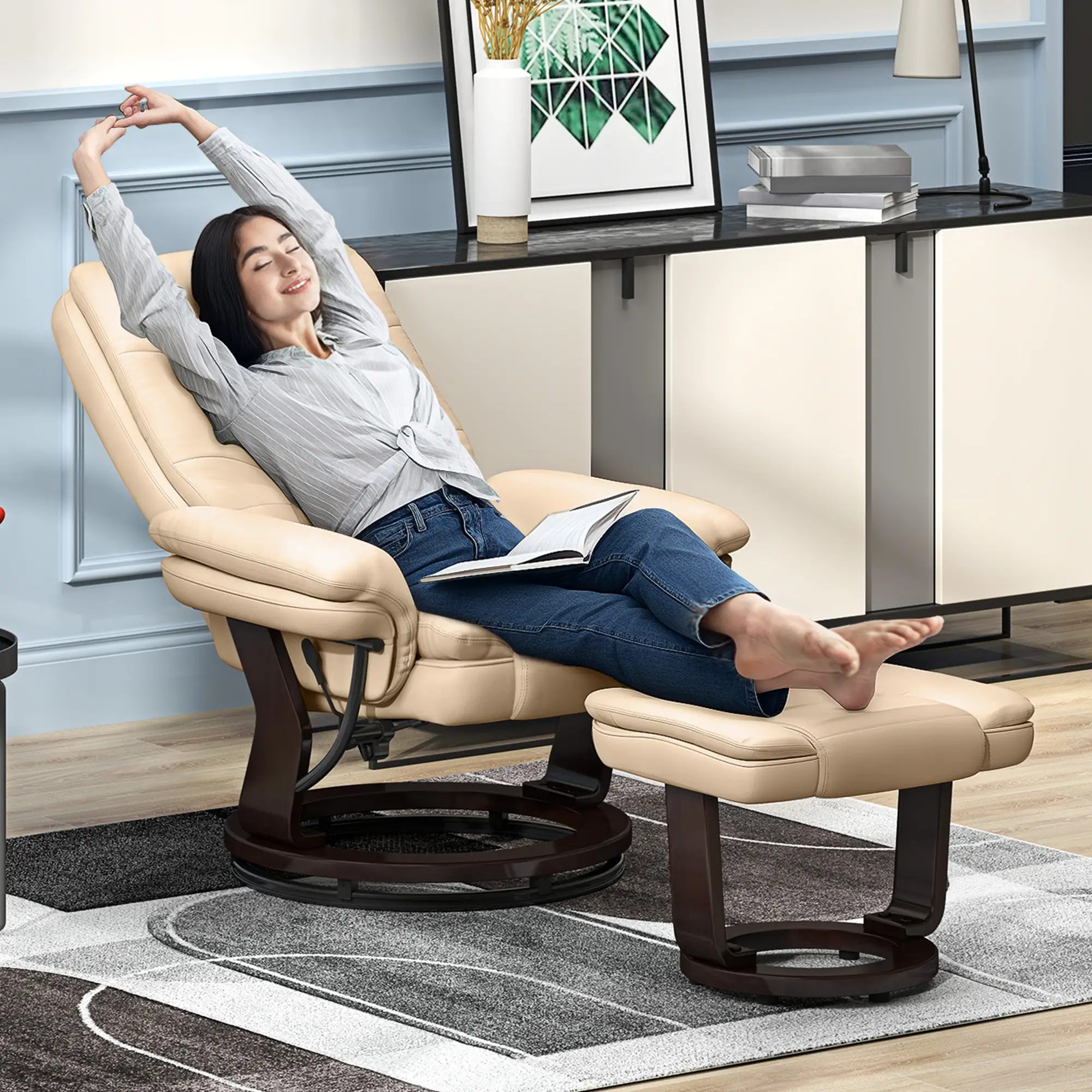 Manual Faux Leather Recliner Armchair 85 x 82 x 106cm - Beige - 2