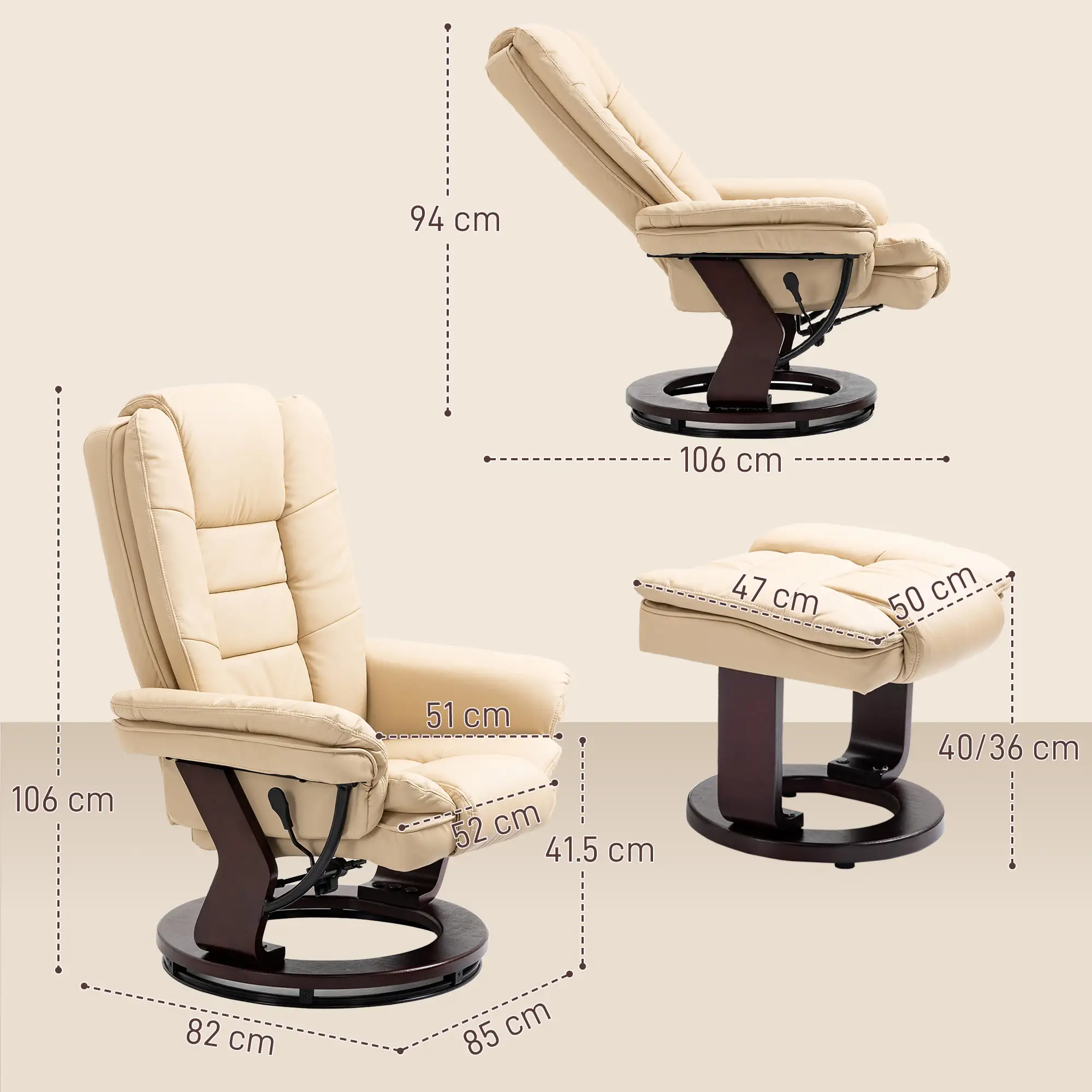 Manual Faux Leather Recliner Armchair 85 x 82 x 106cm - Beige - 3