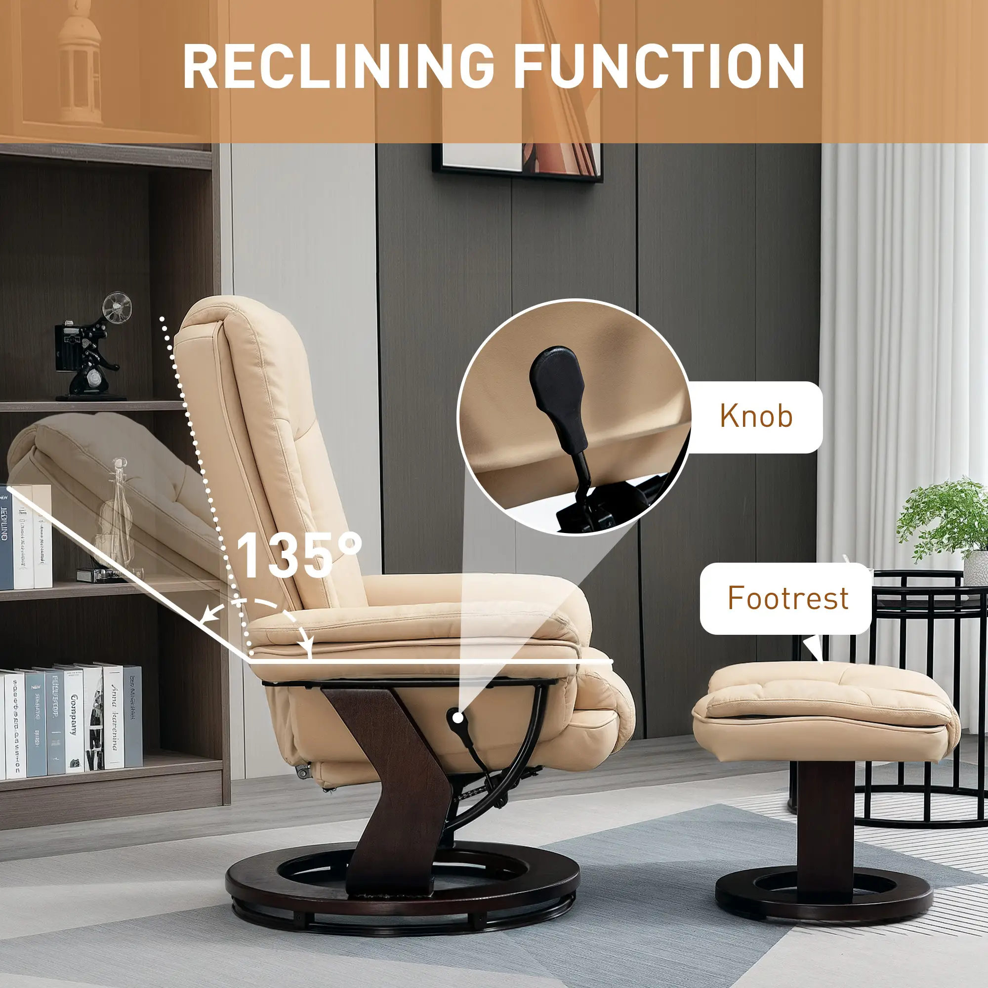 Manual Faux Leather Recliner Armchair 85 x 82 x 106cm - Beige - 4