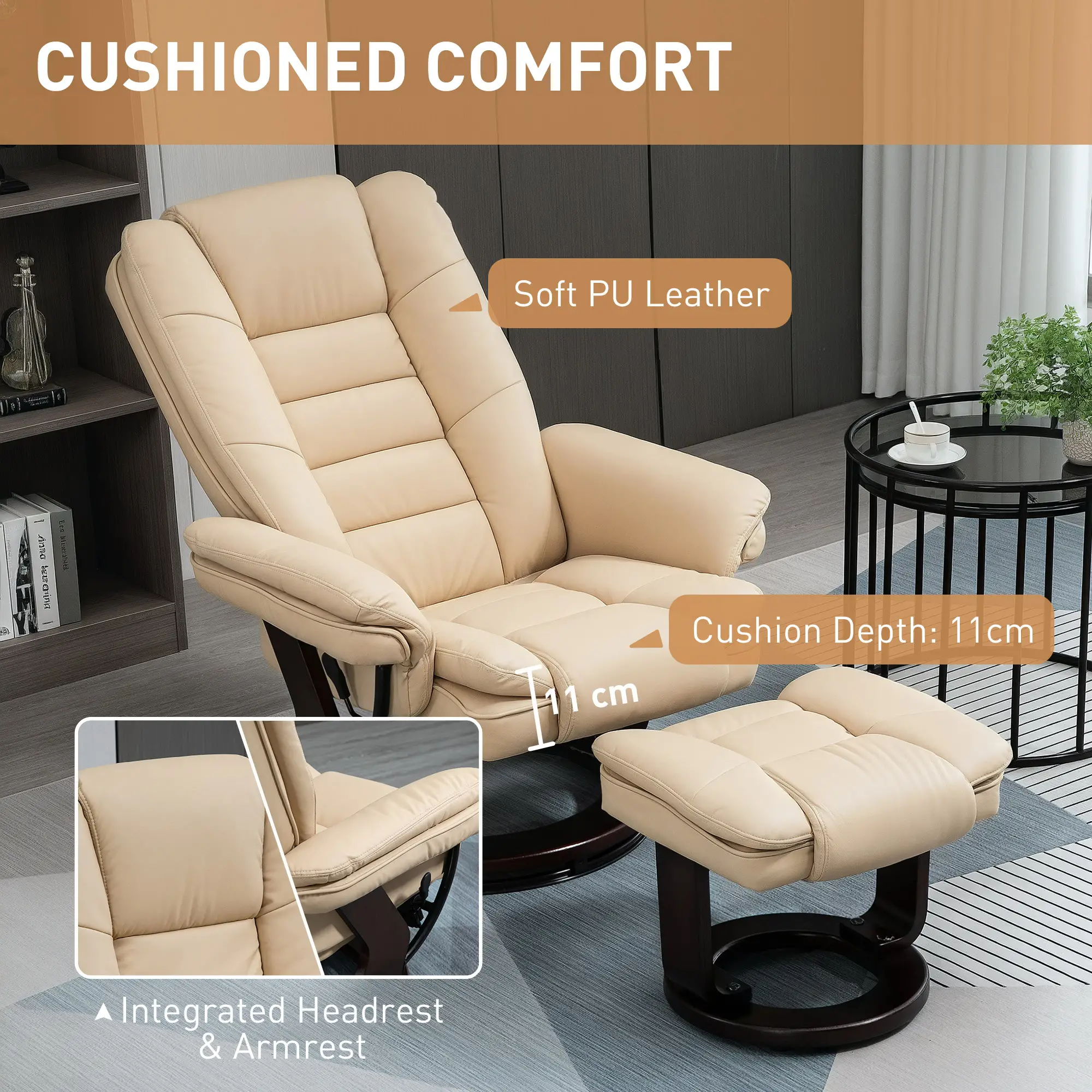 Manual Faux Leather Recliner Armchair 85 x 82 x 106cm - Beige - 6