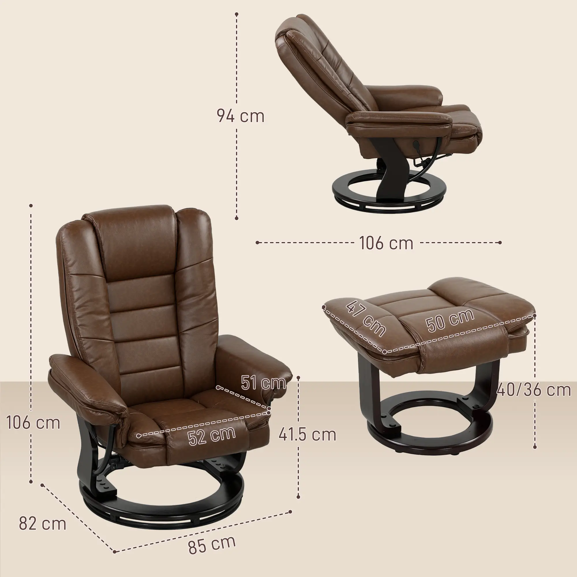 Manual Faux Leather Recliner Armchair 85 x 82 x 106cm - Dark Brown - 3