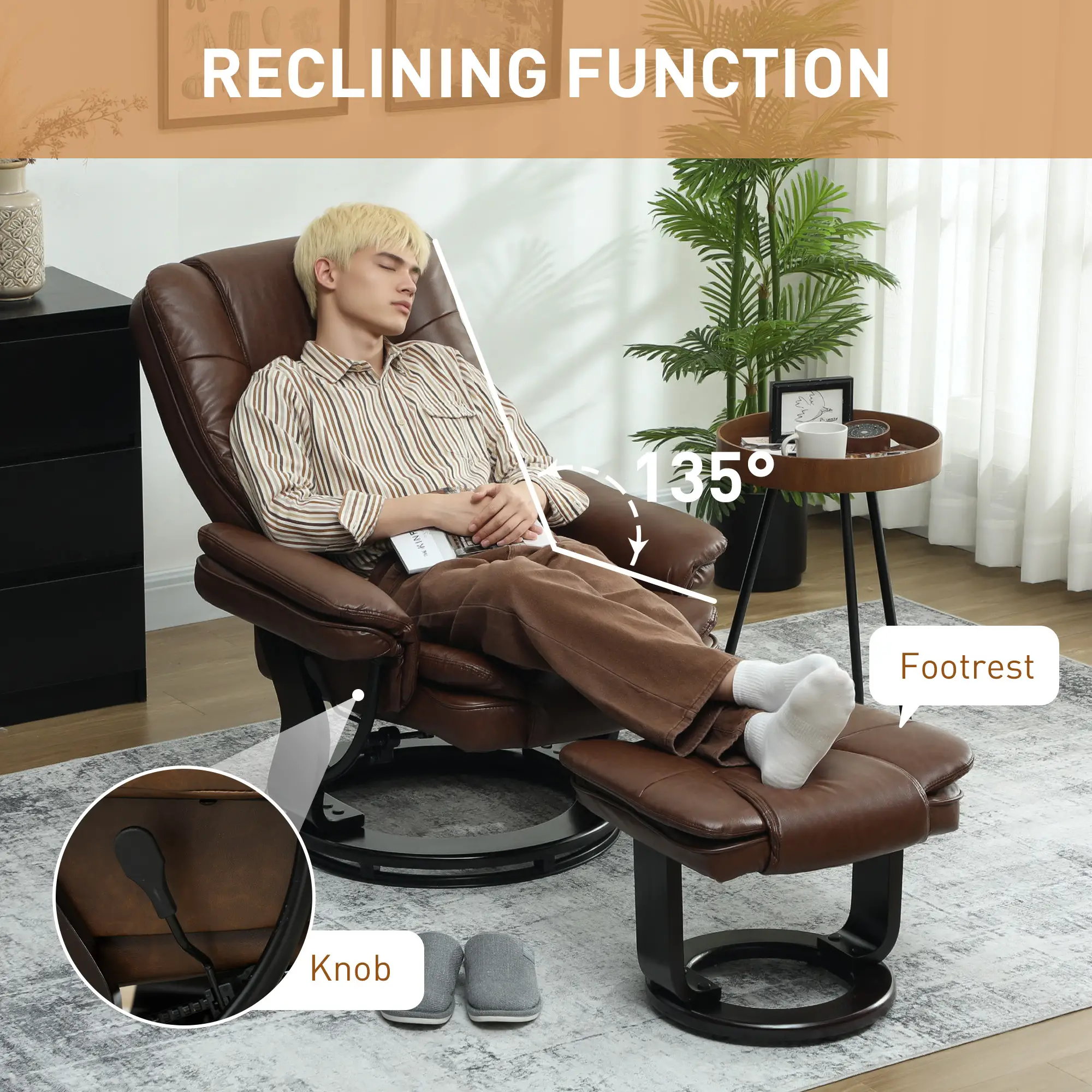 Manual Faux Leather Recliner Armchair 85 x 82 x 106cm - Dark Brown - 4
