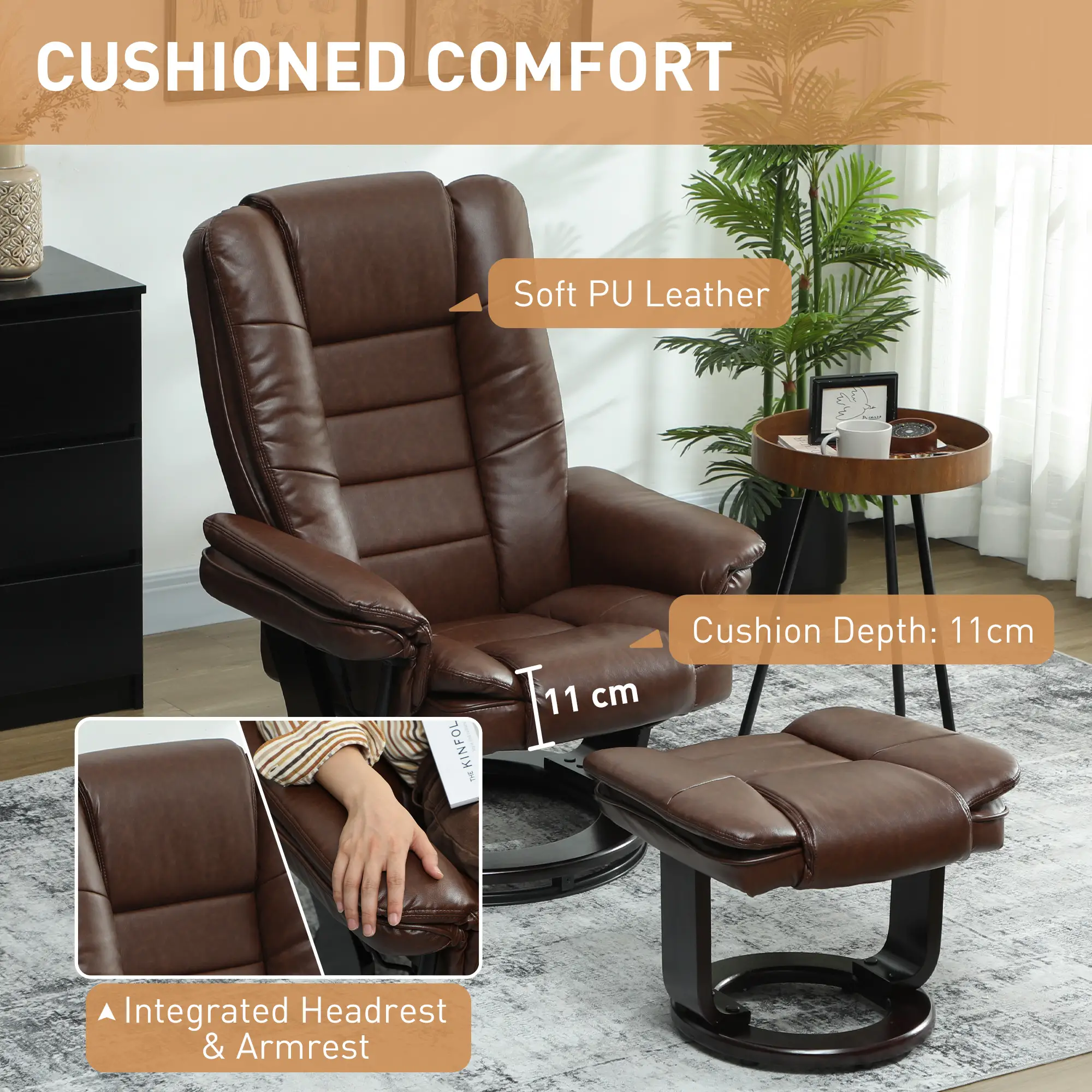 Manual Faux Leather Recliner Armchair 85 x 82 x 106cm - Dark Brown - 6